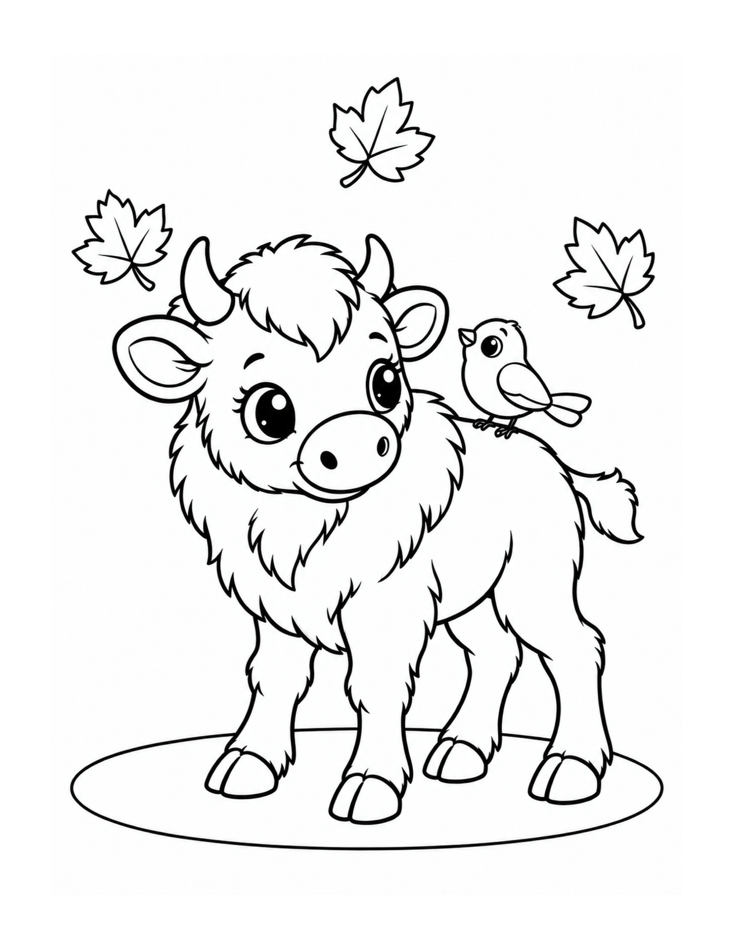 Baby bison with a bird and falling leaves coloring page