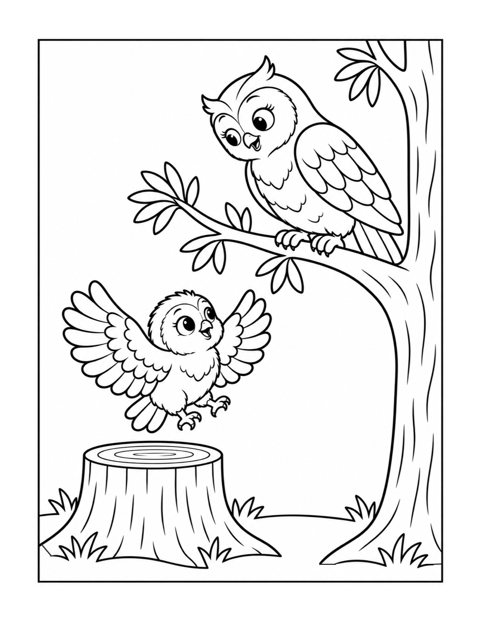 Mama owl watching a baby owl take its first flight beside a tree stump coloring page