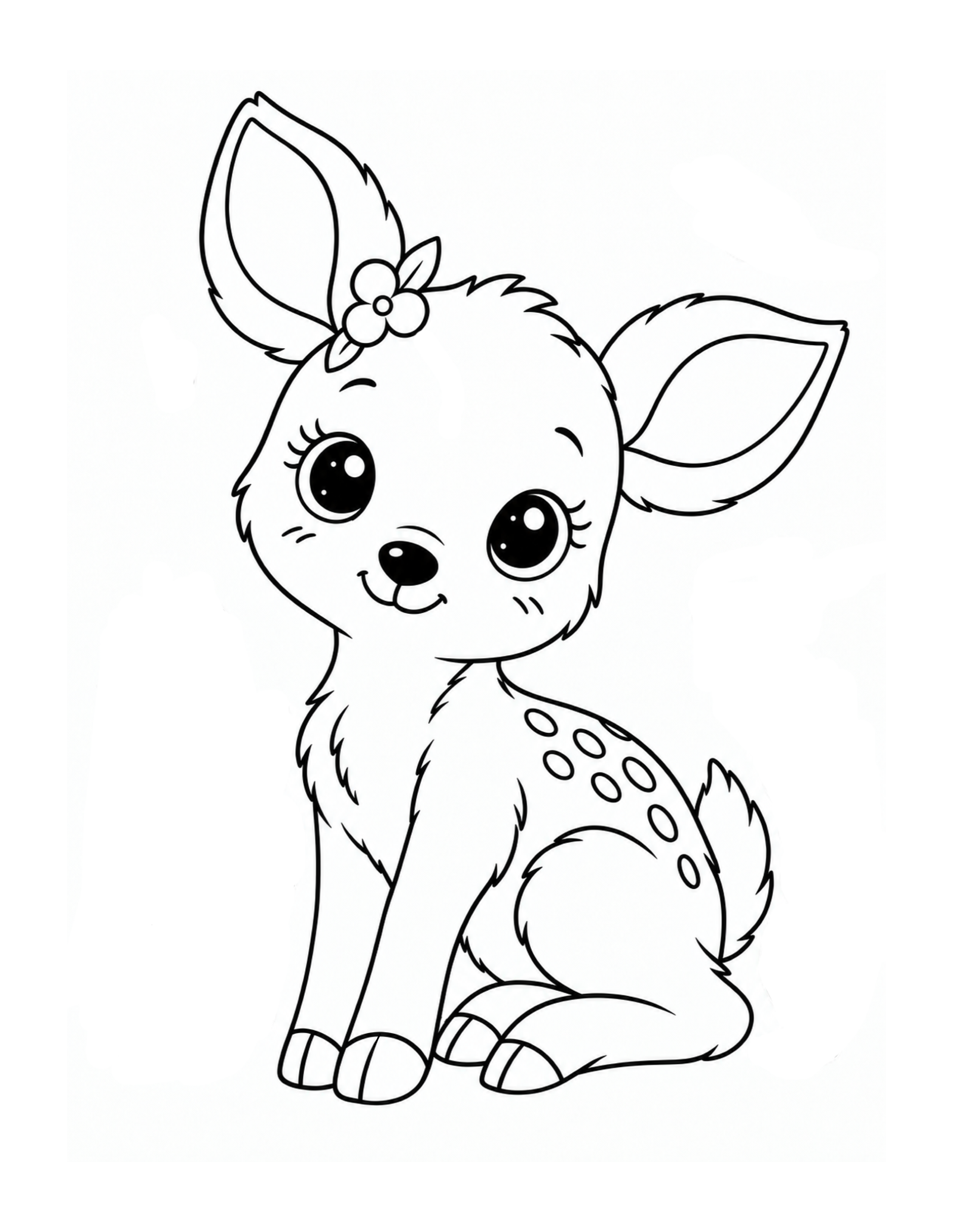 Cute spotted fawn with a flower coloring page