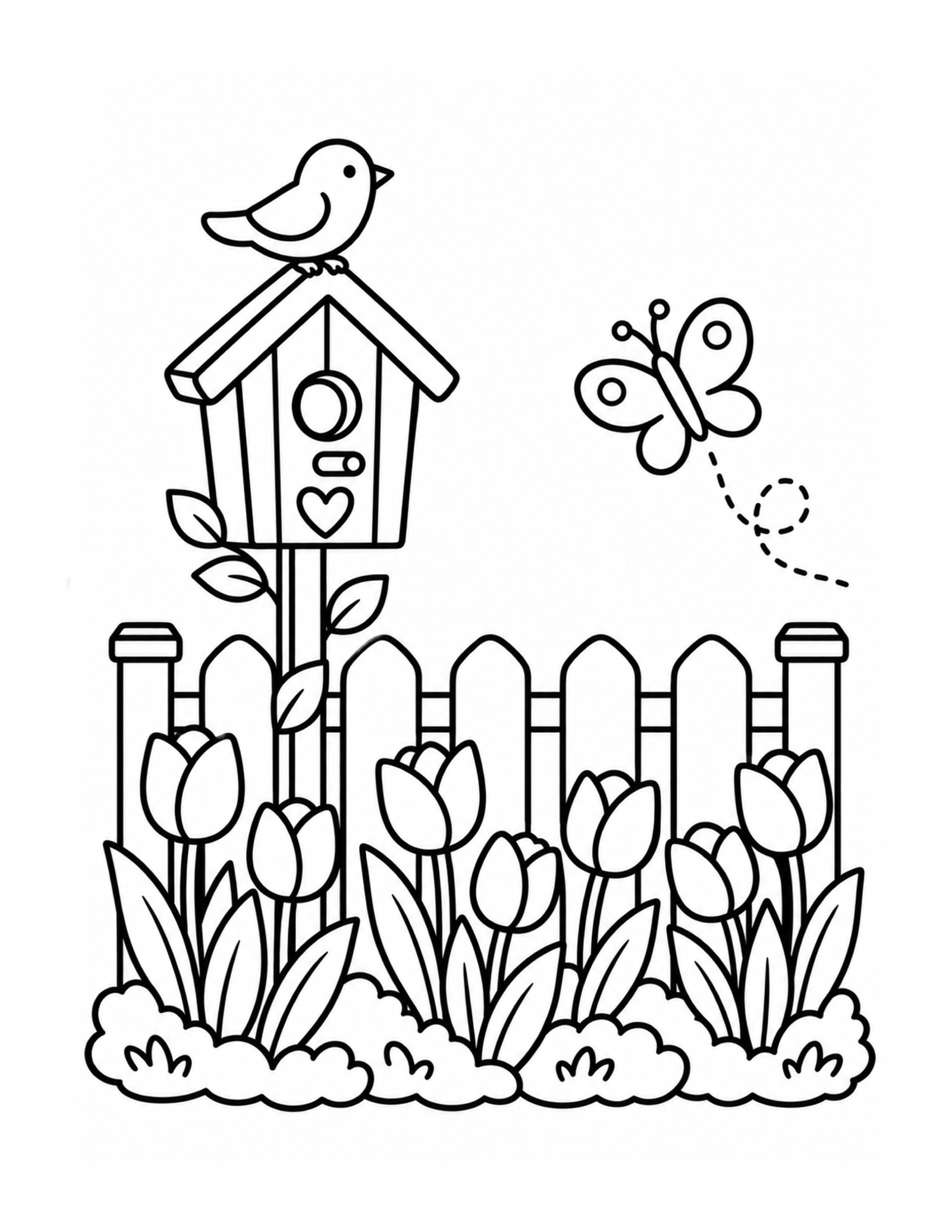 Little bird house with flowers coloring page