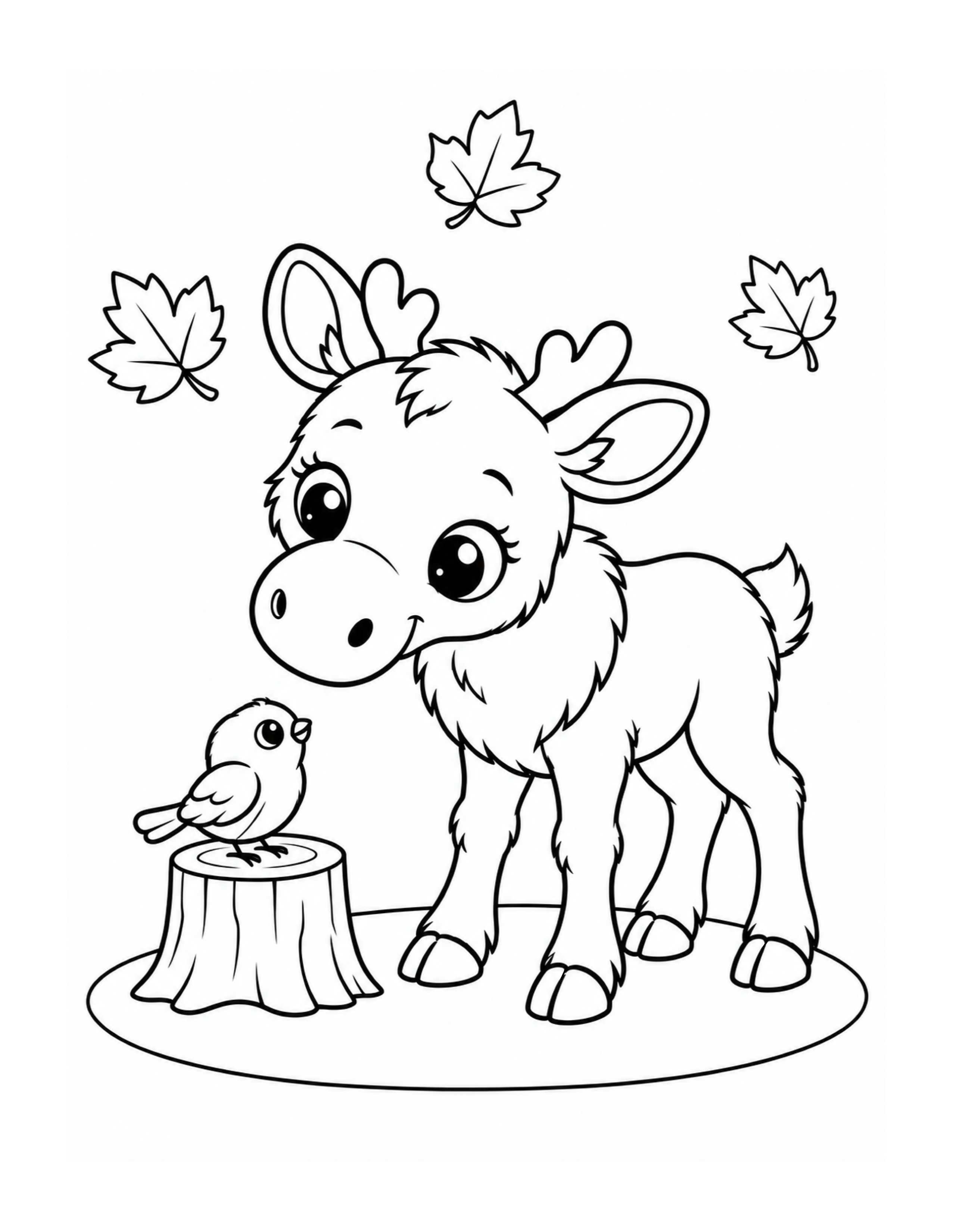 Moose calf beside a duck on a tree stump coloring page