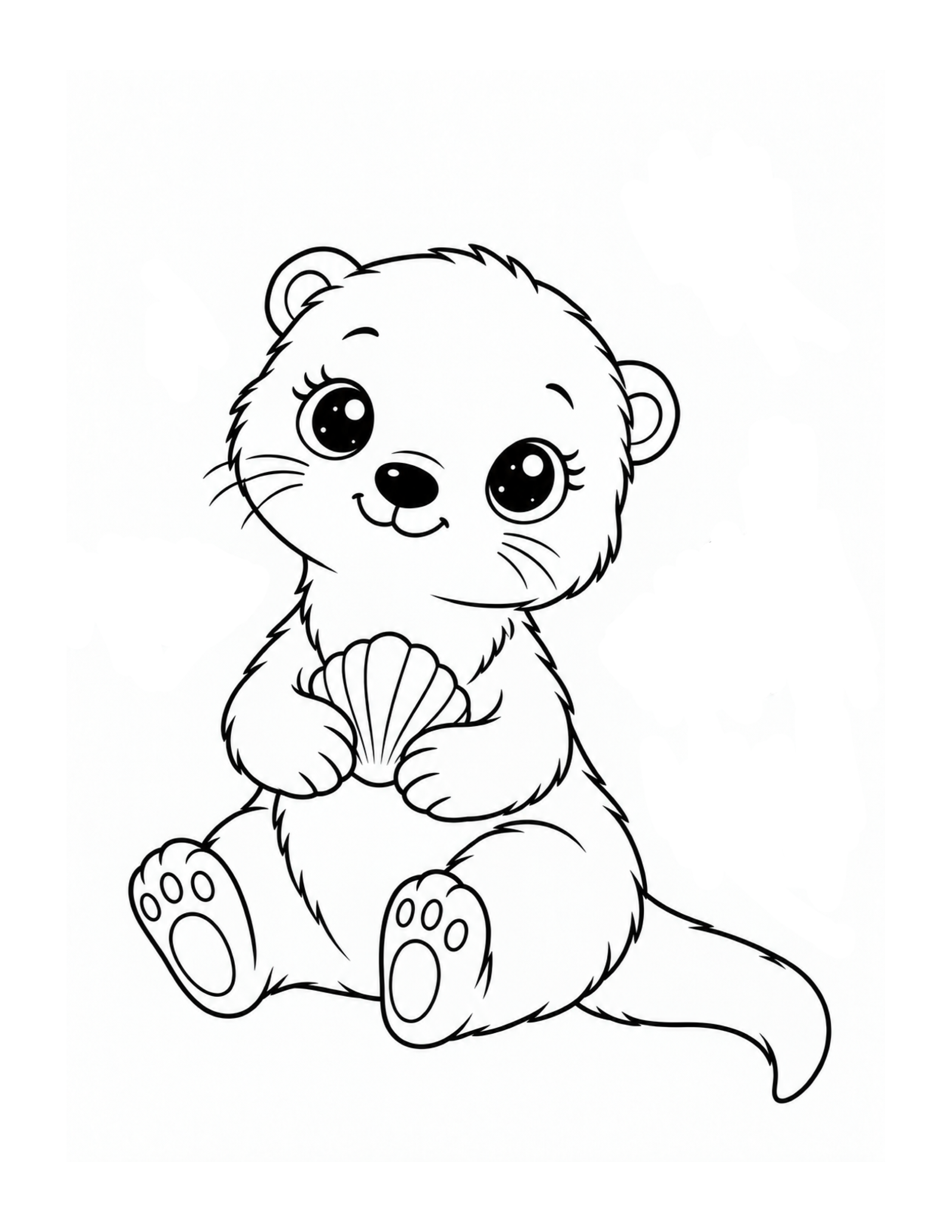 Sweet baby otter holding a seashell coloring page