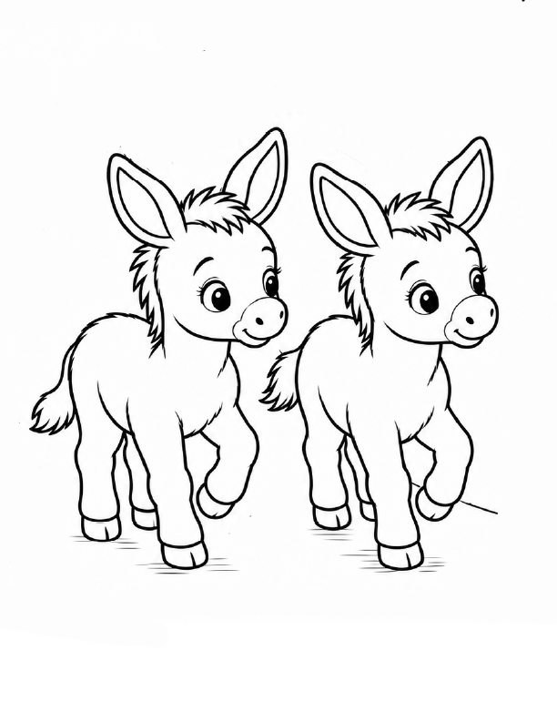 Two cheerful young donkeys standing side by side coloring page