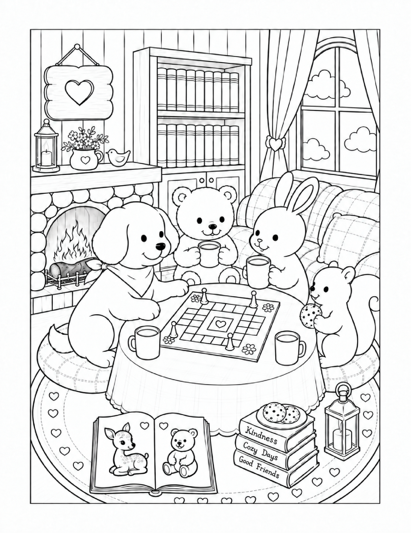 Cozy friends coloring page