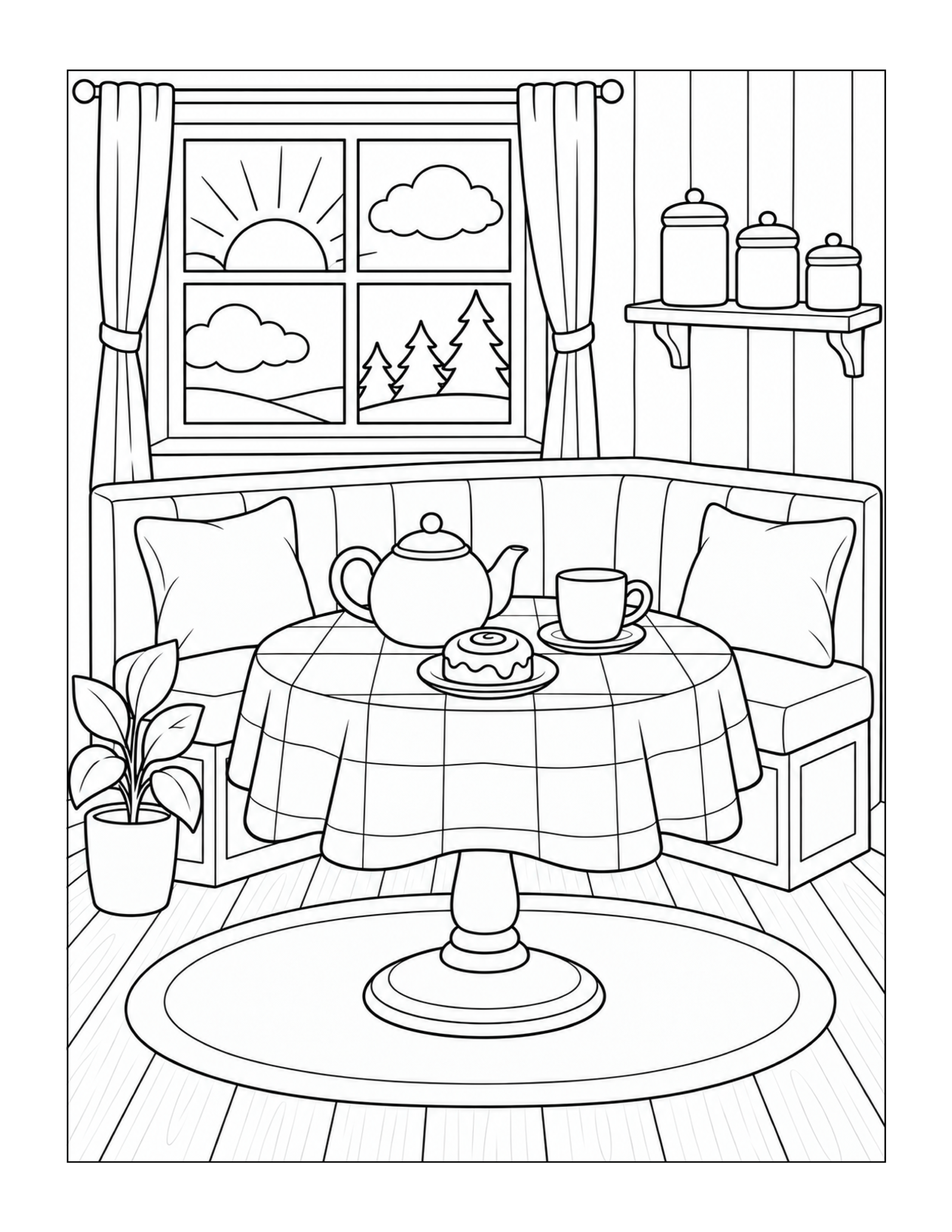 Cozy breakfast nook with tea and pastries coloring page