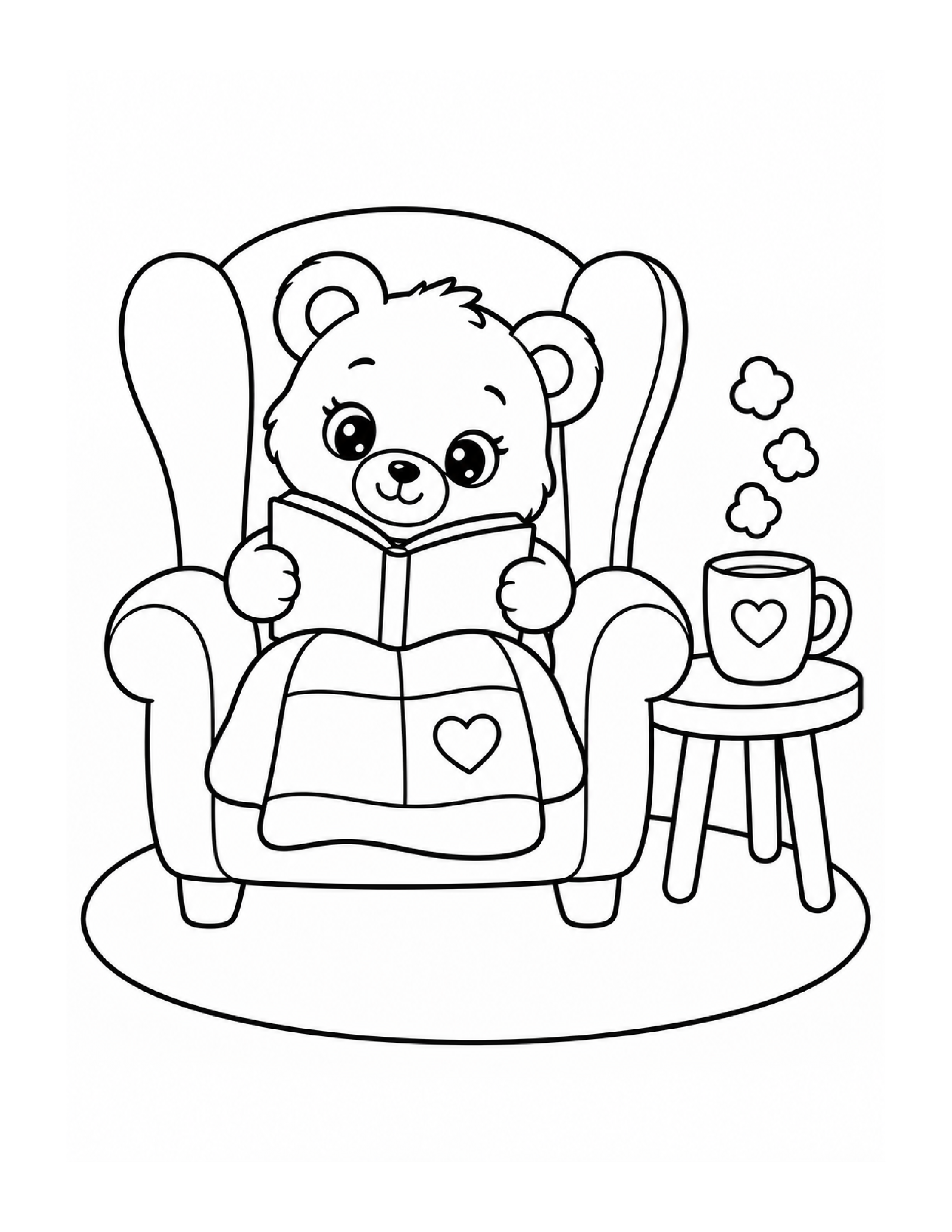 Little bear reading a book in a cozy chair coloring page