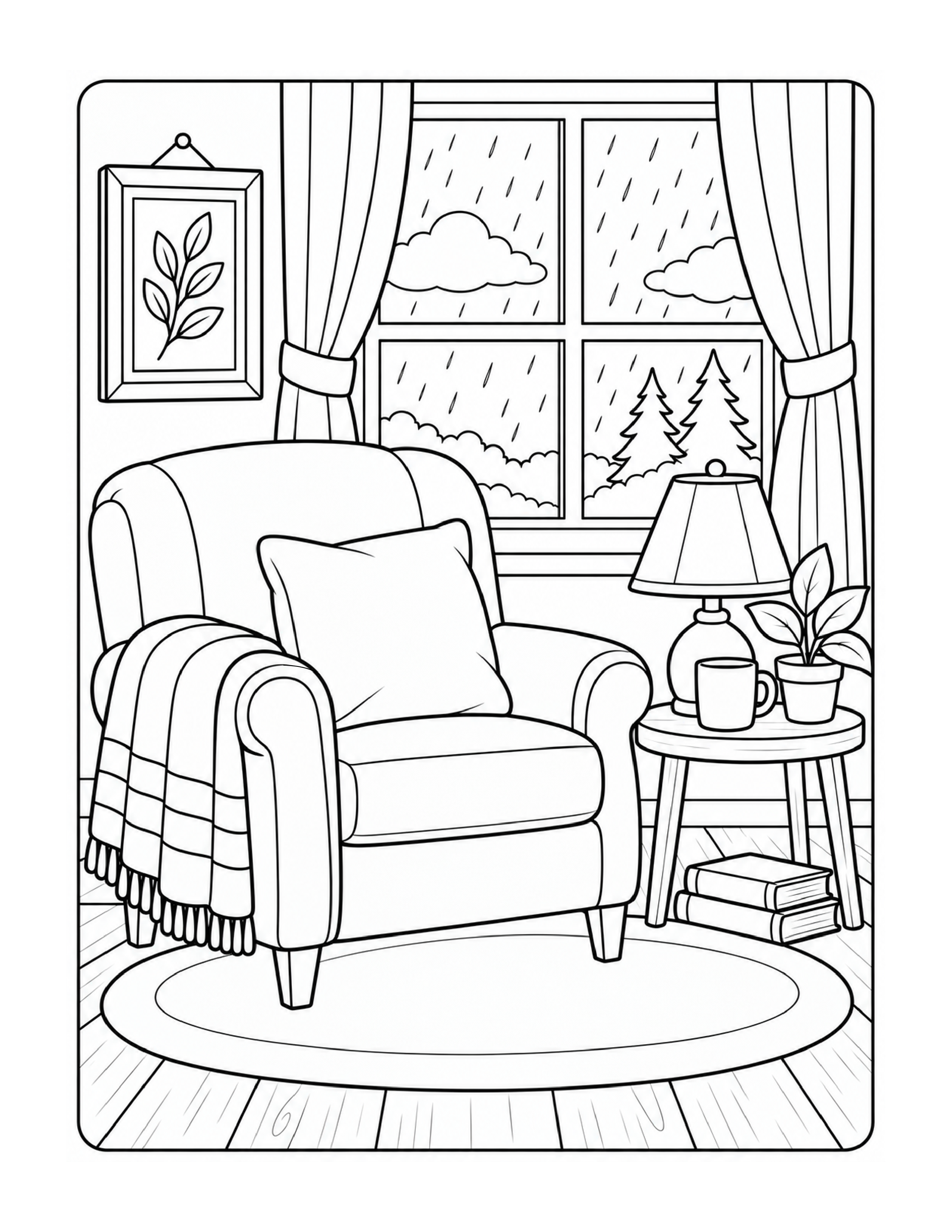 Cozy reading chair beside a rainy window coloring page
