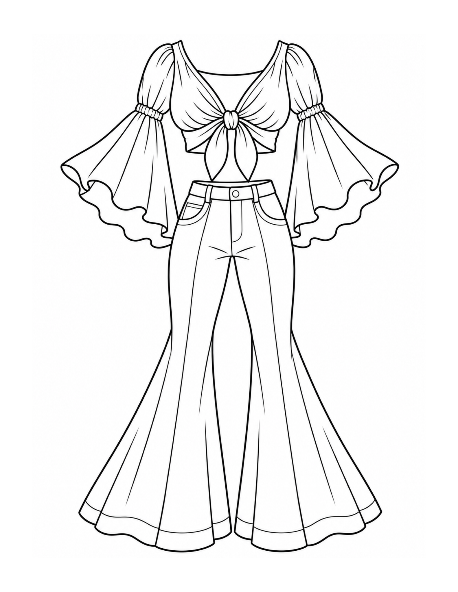 1970s tie-front puff-sleeve top with flowing sleeves and bell-bottom pants coloring page