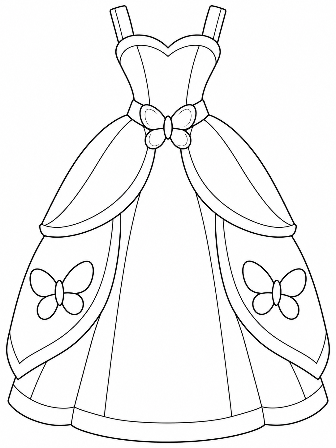 Princess dress with broad shoulder straps, a butterfly waist clasp, and two butterflies on the skirt