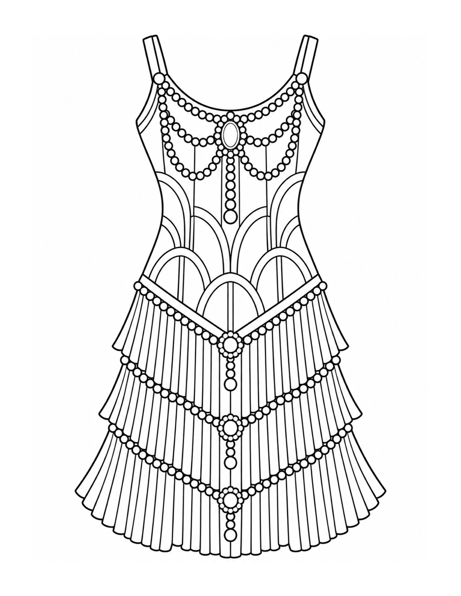 Art Deco flapper dress with beaded neckline, geometric panels, and tiered fringe coloring page
