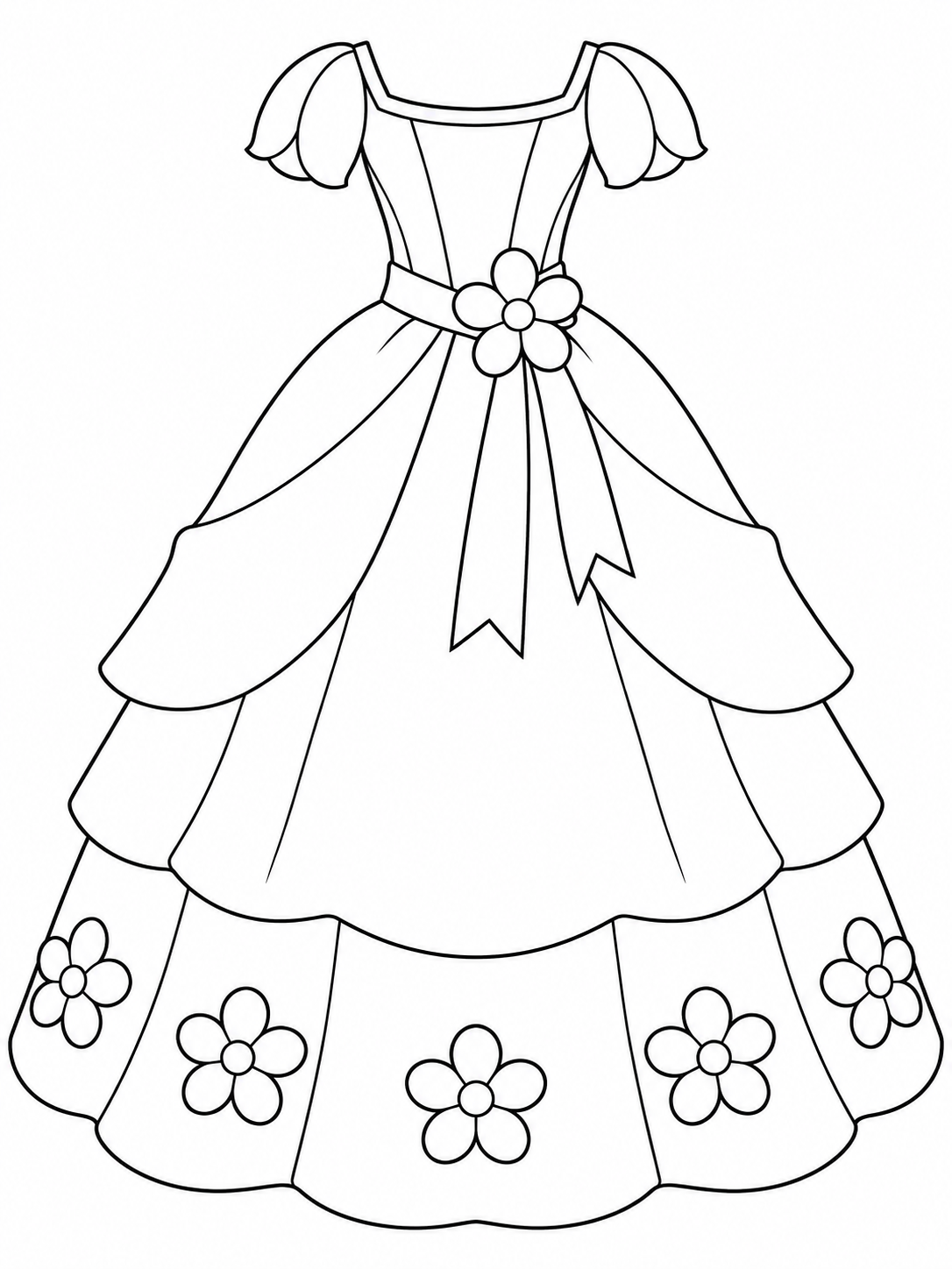 Princess dress with petal sleeves, a flower at the waist, ribbon tails, and flowers on the lower skirt