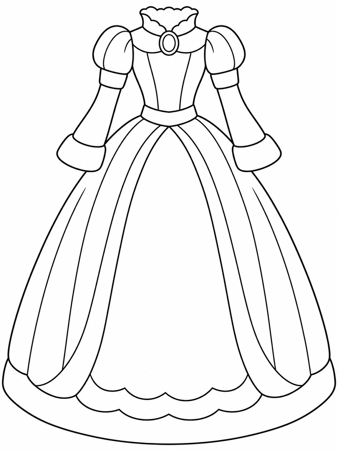 Princess gown with a high scalloped collar, oval neckline brooch, puffed shoulders, and arched skirt panel
