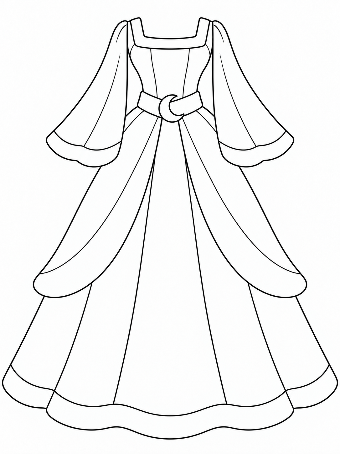 Princess gown with a square neckline, draped cape sleeves, crescent moon clasp, and flowing skirt panels