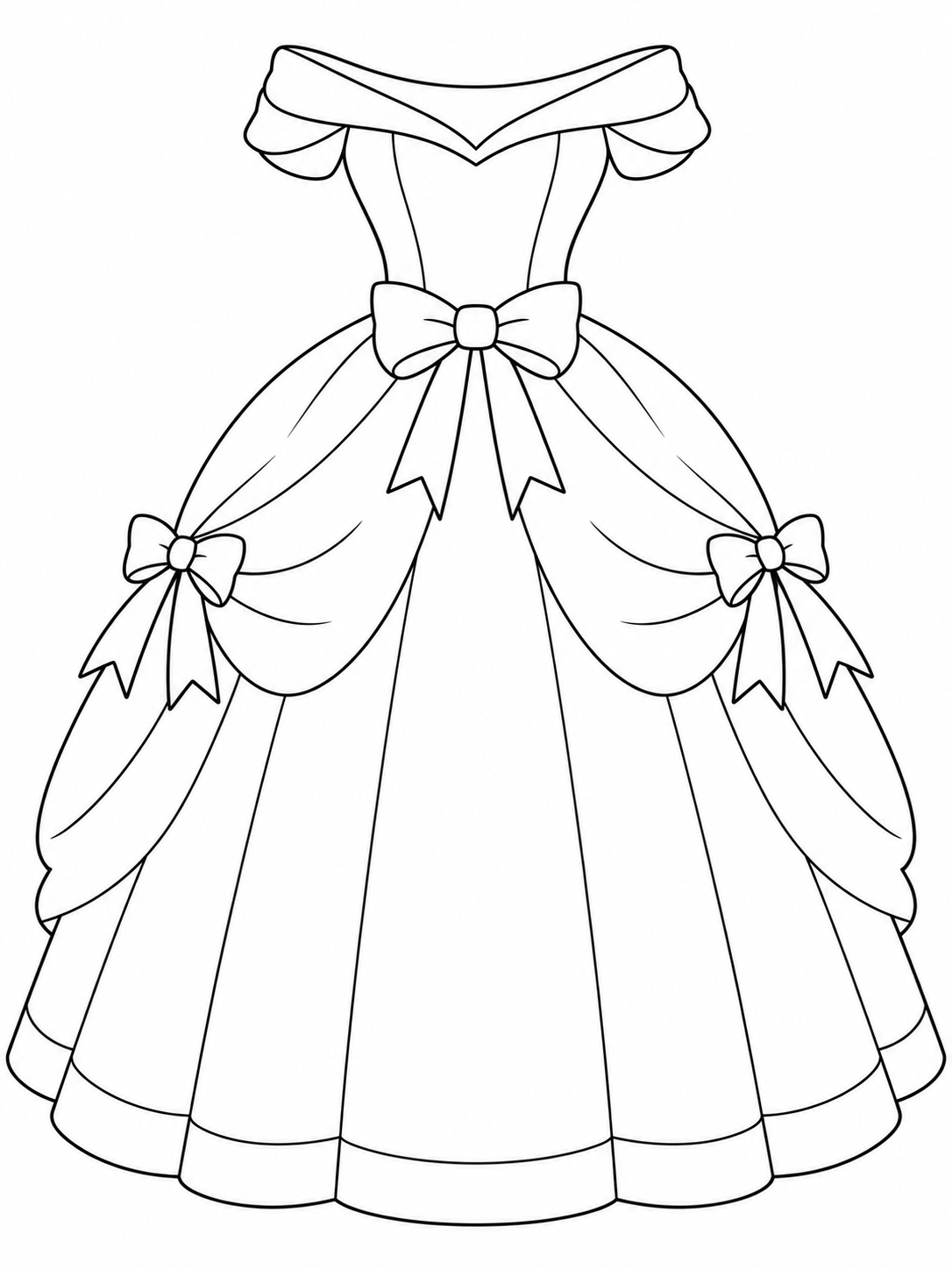 Off-shoulder princess gown with a waist bow, two side bows, and a full draped skirt