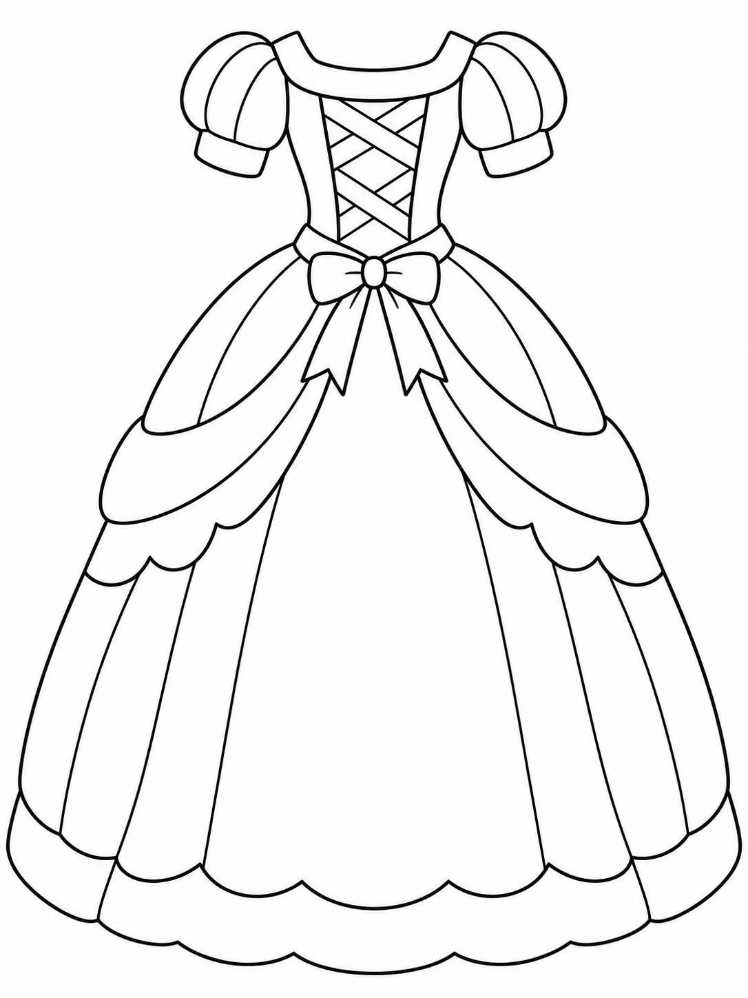 Princess dress with short puff sleeves, a ribbon-laced bodice, waist bow, and scalloped layered skirt