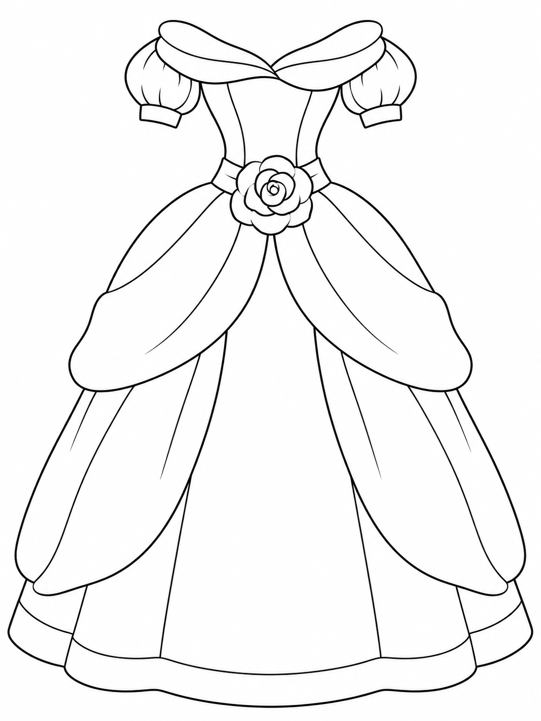 Princess dress with a folded petal neckline, puff sleeves, one rose at the waist, and draped skirt layers