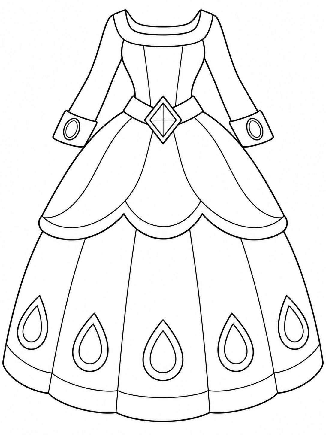 Long-sleeved princess gown with oval cuff jewels, a diamond waist jewel, and teardrop skirt ornaments