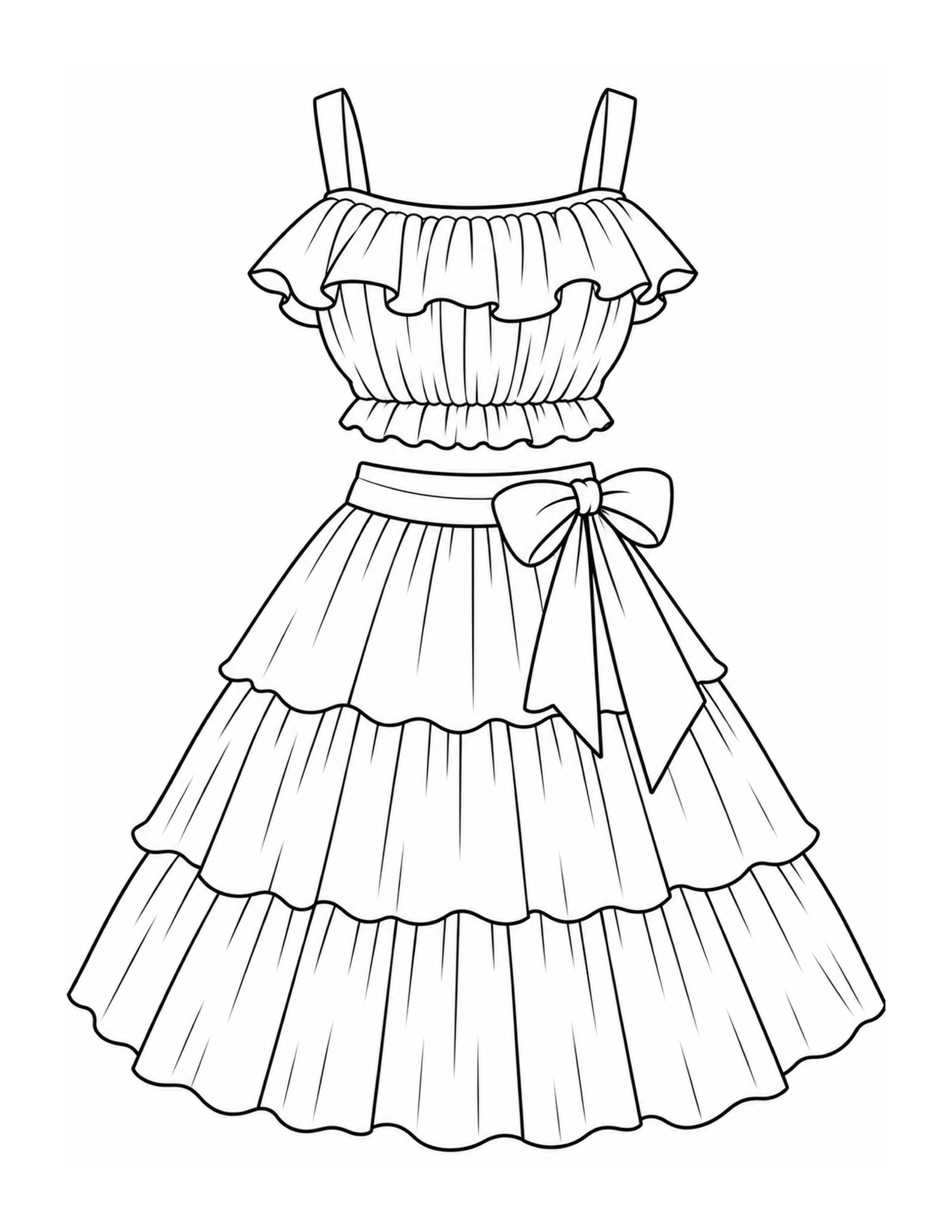 Ruffled crop top and long tiered skirt with a large waist bow coloring page