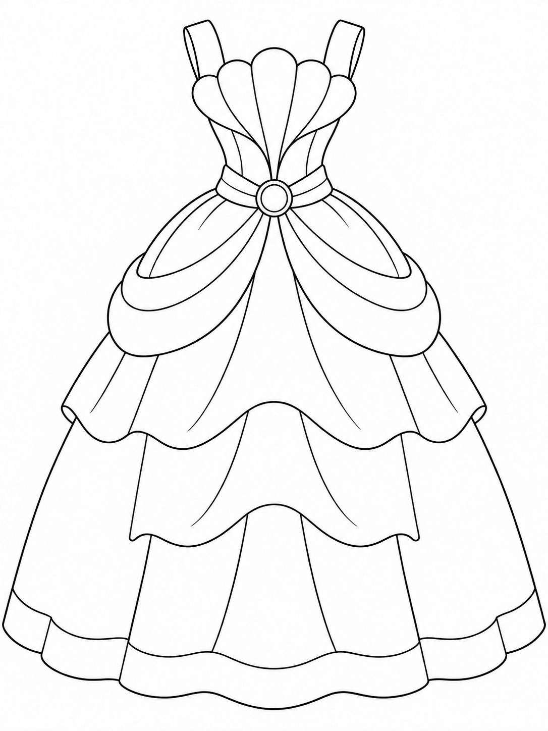 Princess gown with shoulder straps, a seashell-shaped bodice, round waist clasp, and plain layered skirt