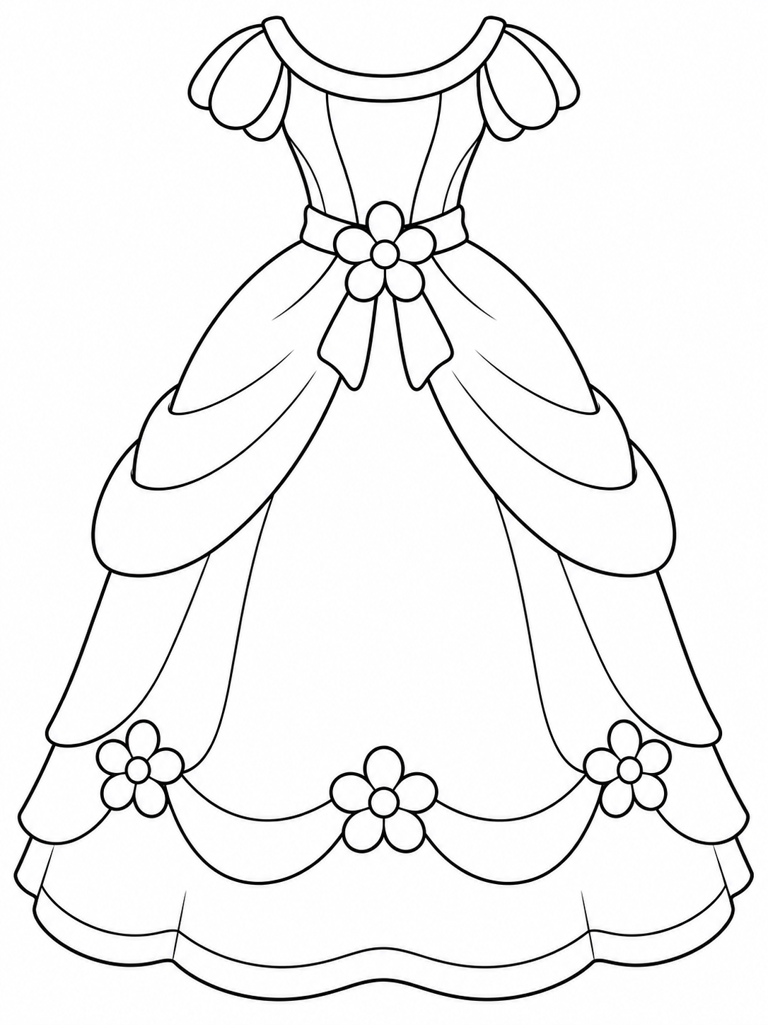 Princess dress with short petal sleeves, rounded skirt layers, and flowers at the waist and lower drape