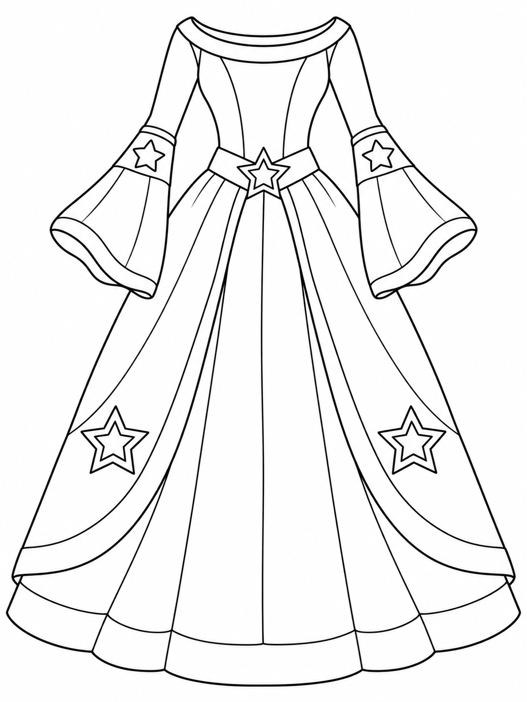 Long princess gown with bell sleeves, a star buckle, star ornaments, and broad skirt panels
