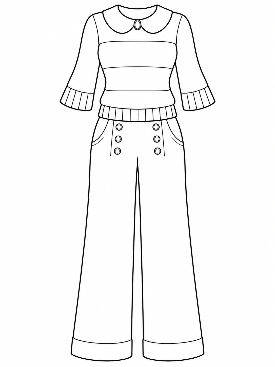 Round-collar striped sweater with an oval clasp and three-quarter sleeves above wide-leg sailor pants with six buttons