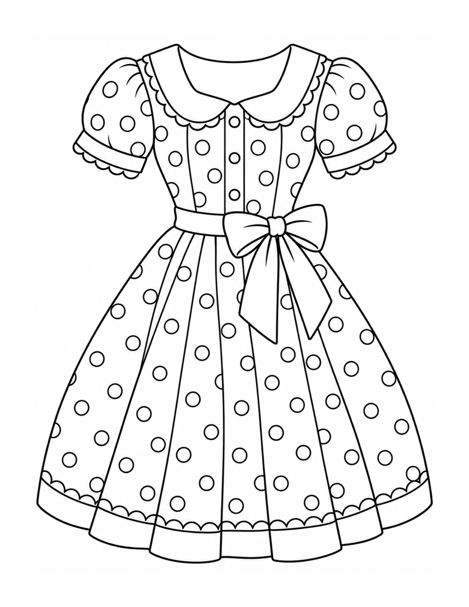Vintage polka-dot dress with puff sleeves, Peter Pan collar, full skirt, and waist bow coloring page