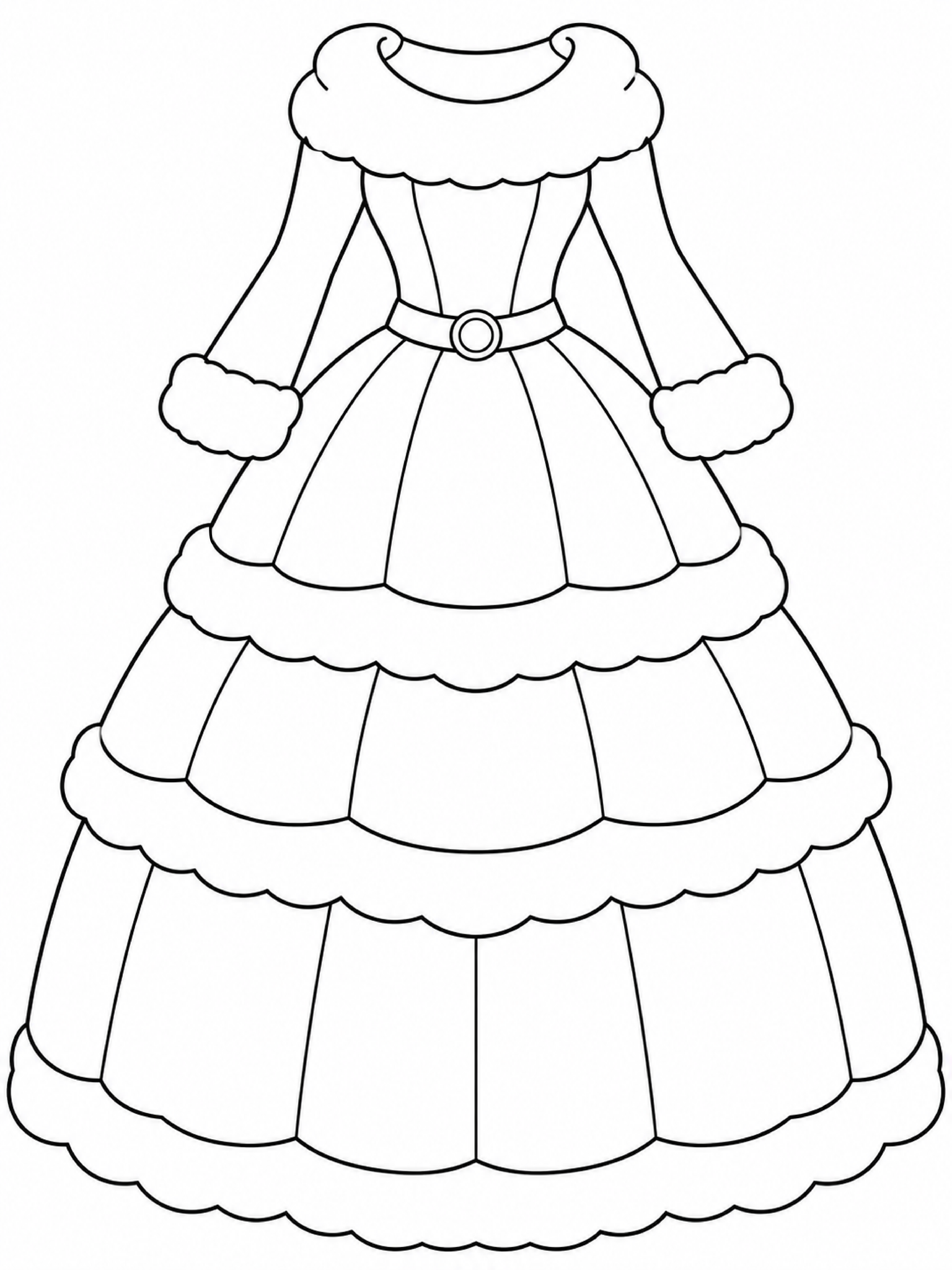 Winter princess gown with a scalloped plush-style collar, long sleeves, matching cuffs, and three skirt tiers