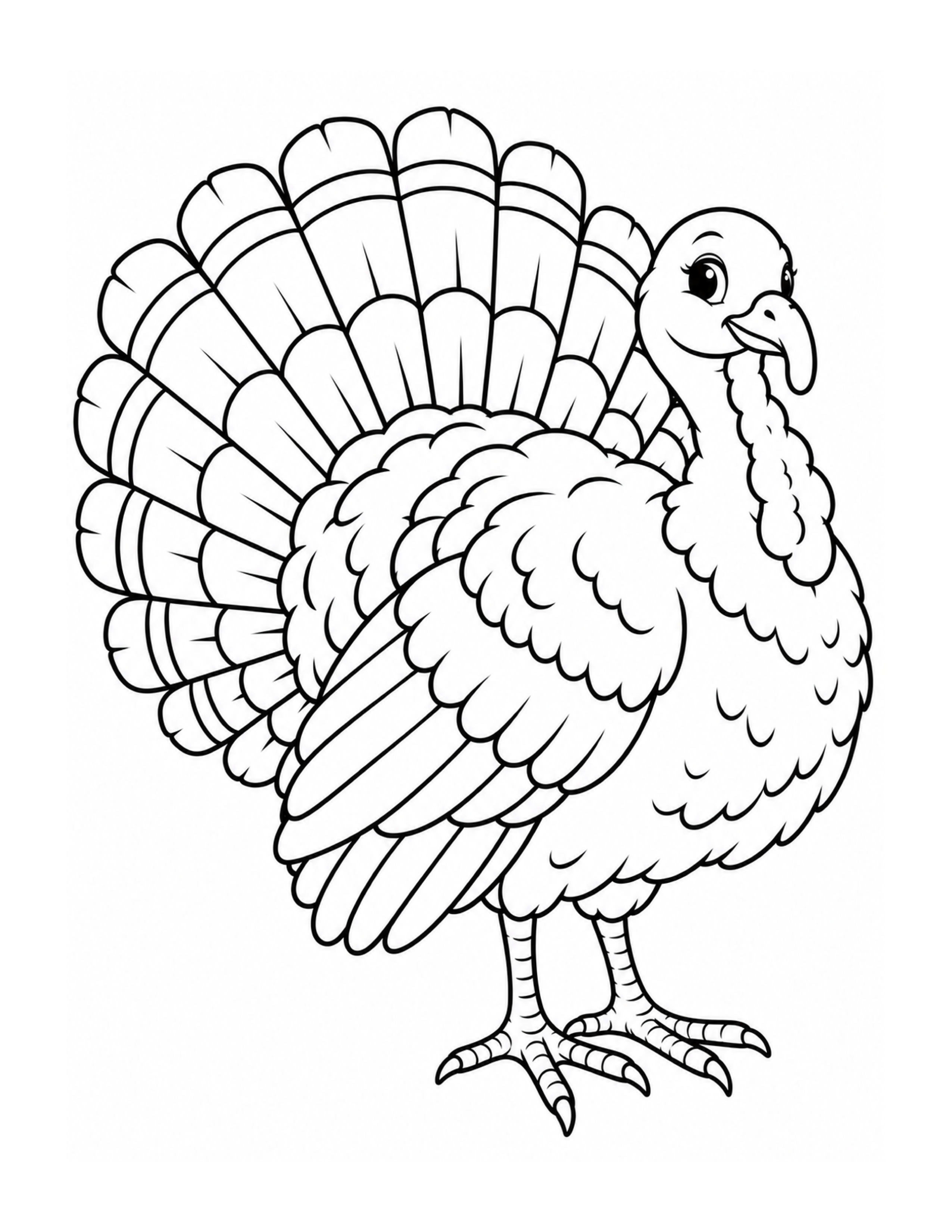 Cheerful Thanksgiving turkey with a full feathered tail coloring page