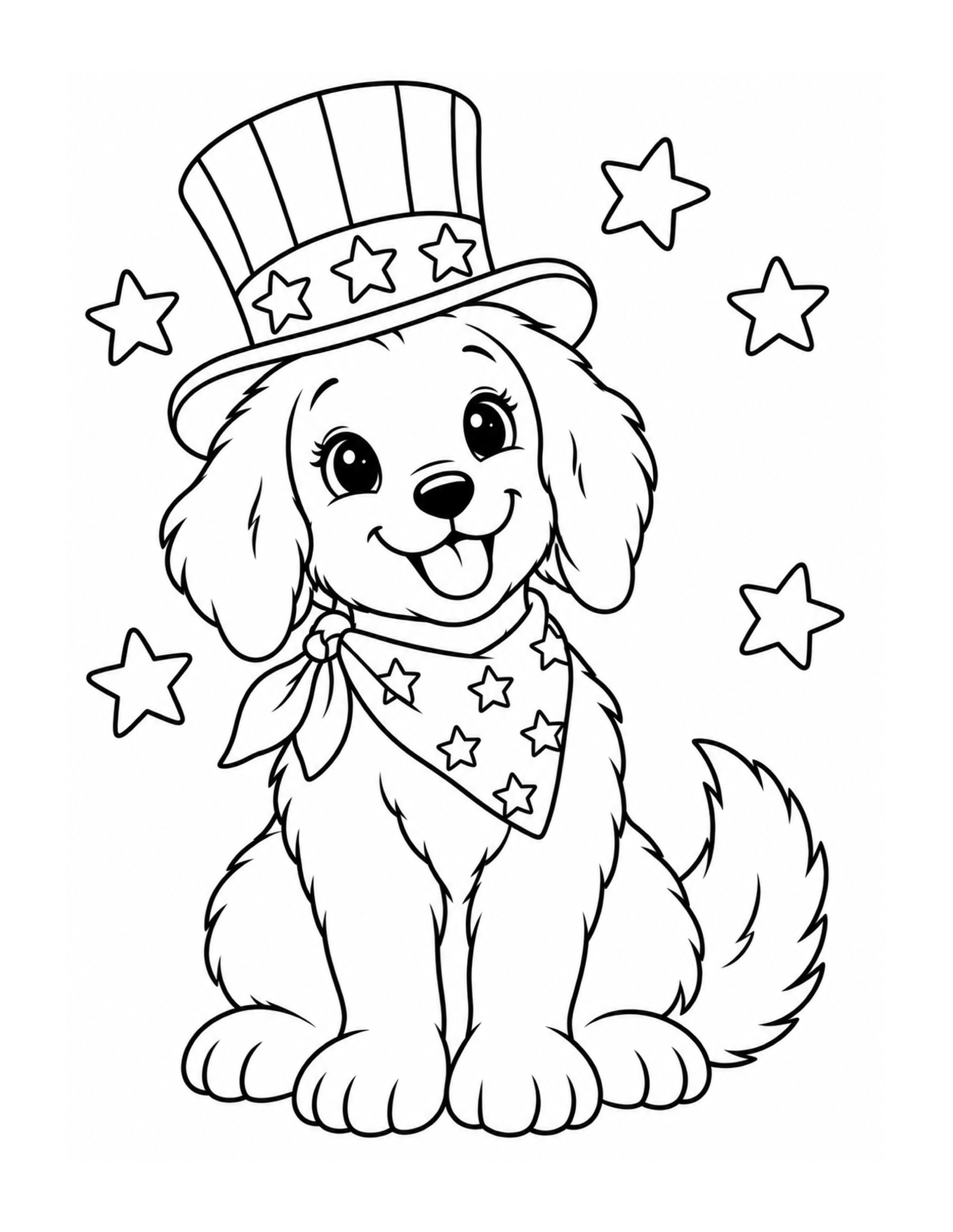 Cute puppy wearing a patriotic hat and star bandana coloring page