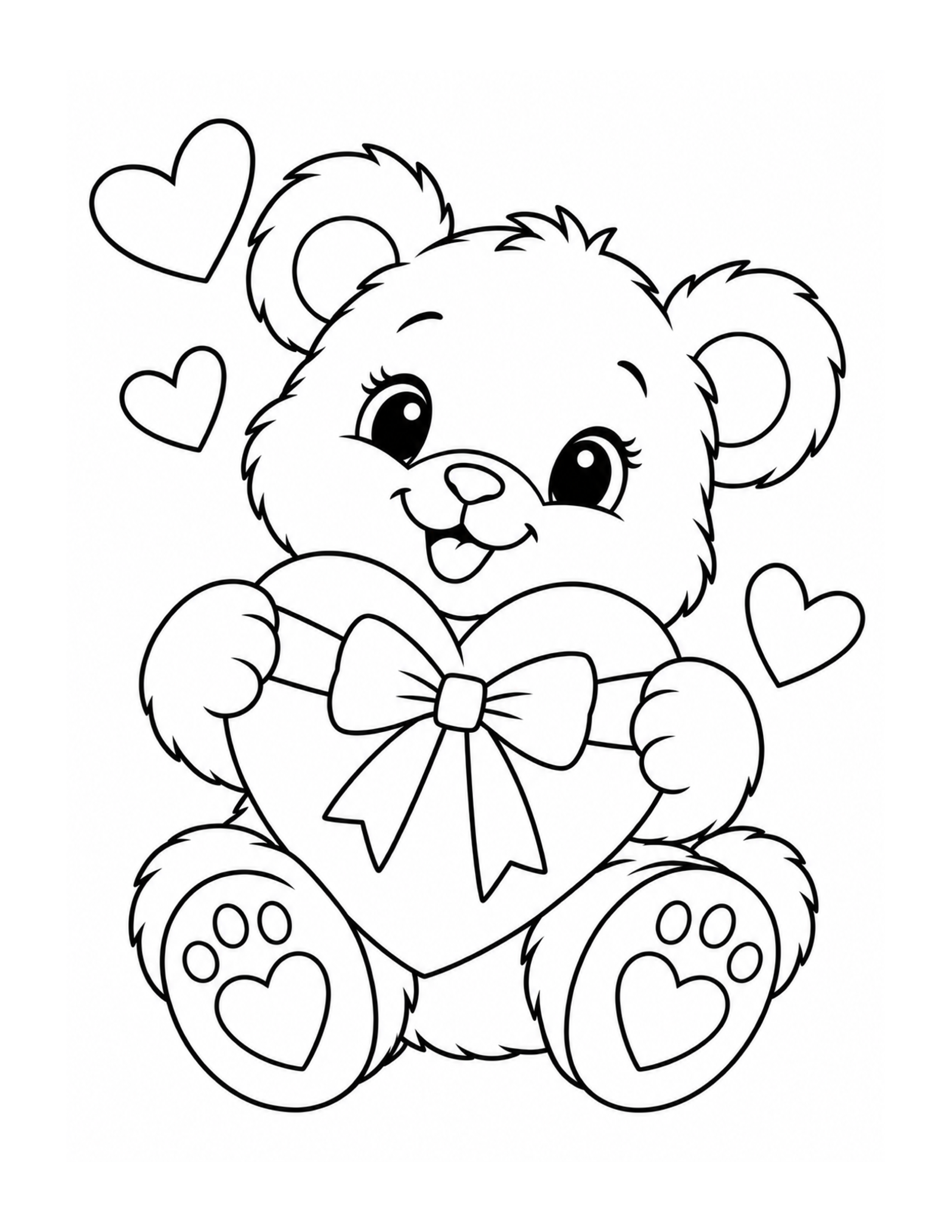 Sweet Valentine teddy bear holding a heart with a bow coloring page