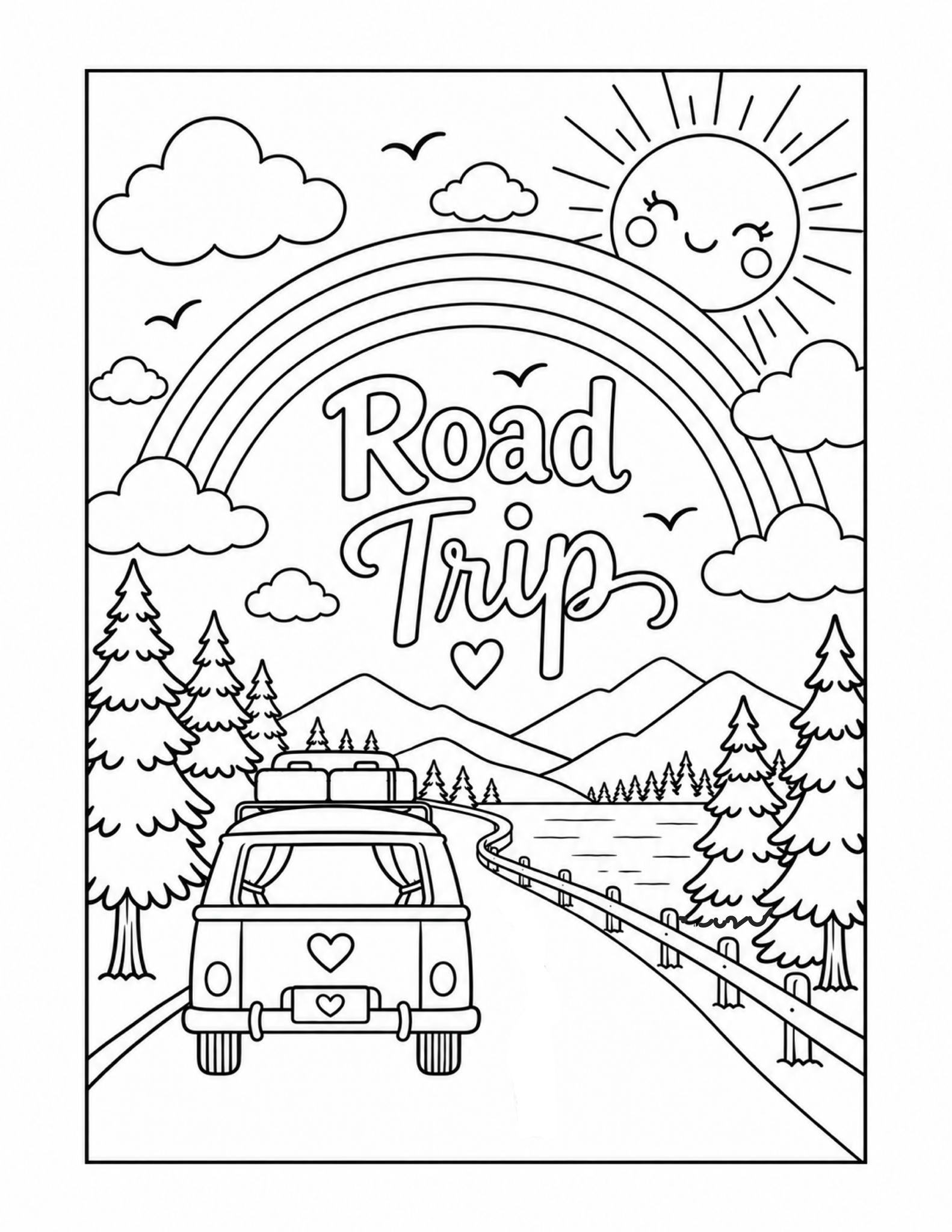 Camper van driving through mountains beneath a rainbow road trip coloring page
