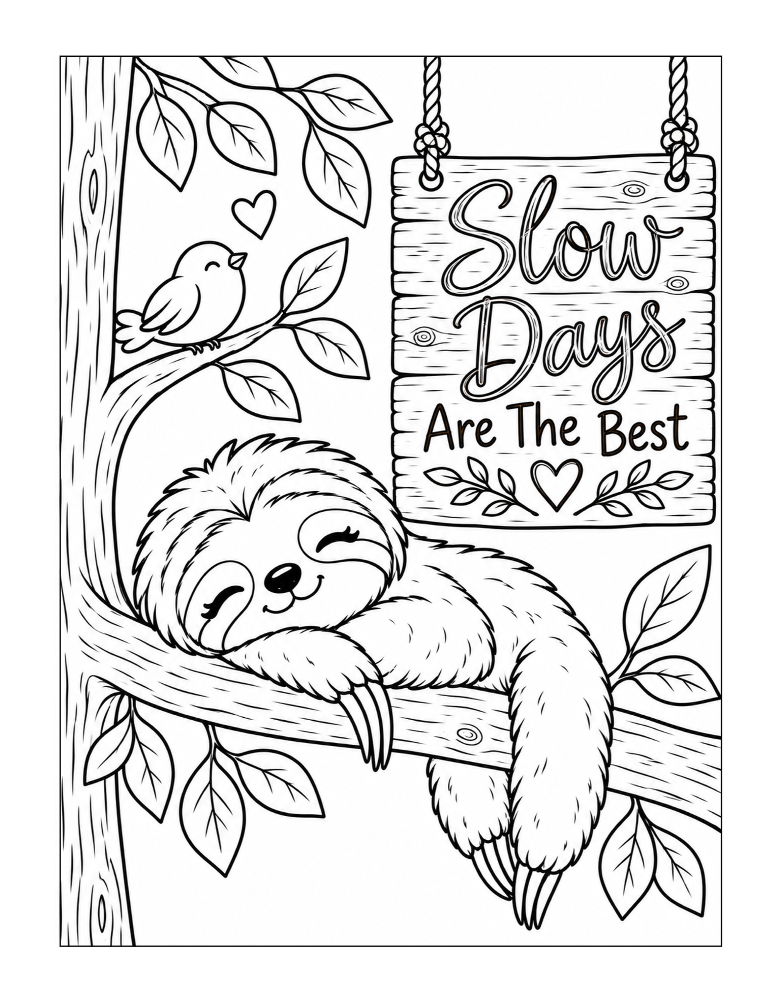 Sleepy sloth beneath a Slow Days Are the Best wooden sign inspirational coloring page