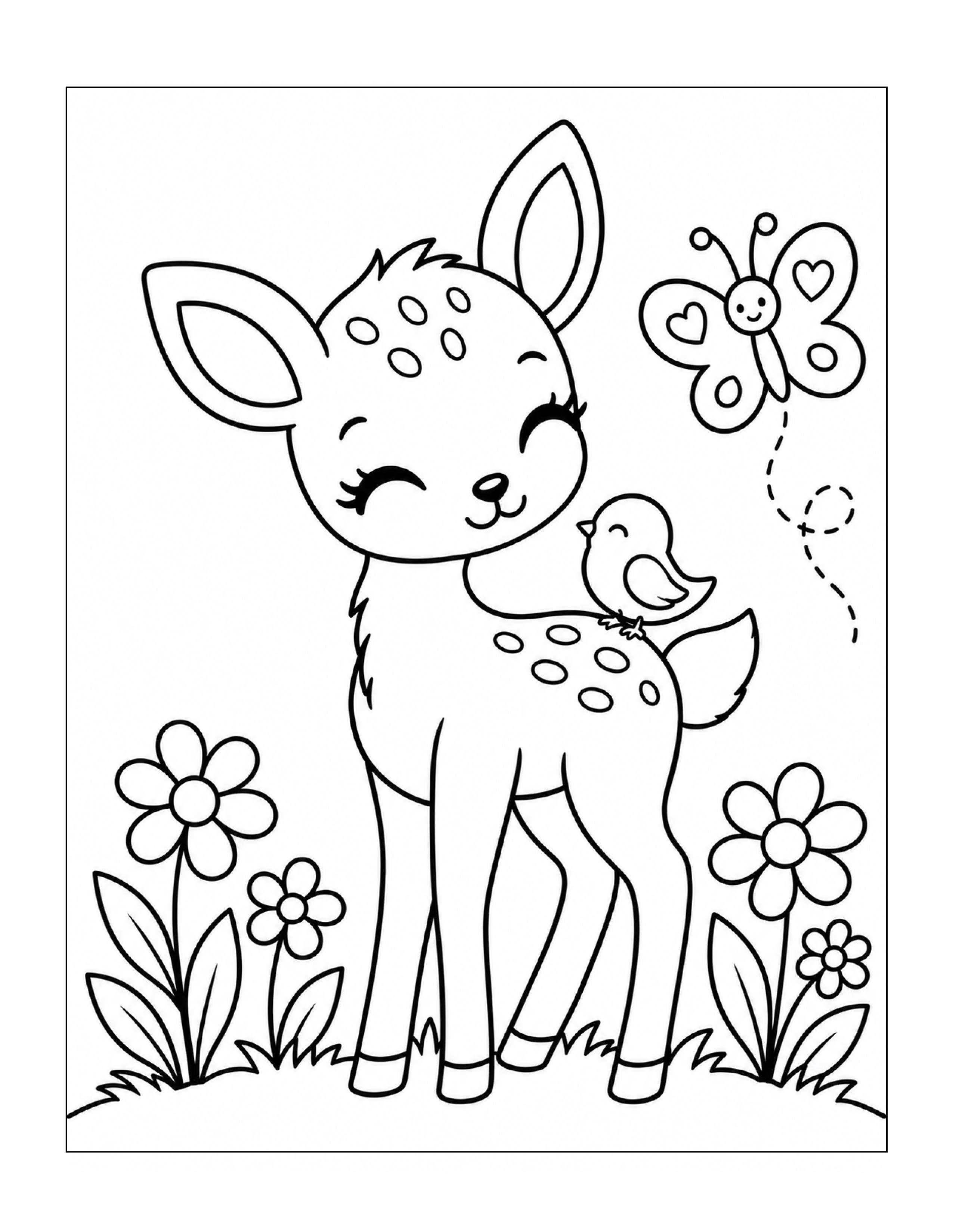 Baby deer with a little bird, butterfly and flowers coloring page
