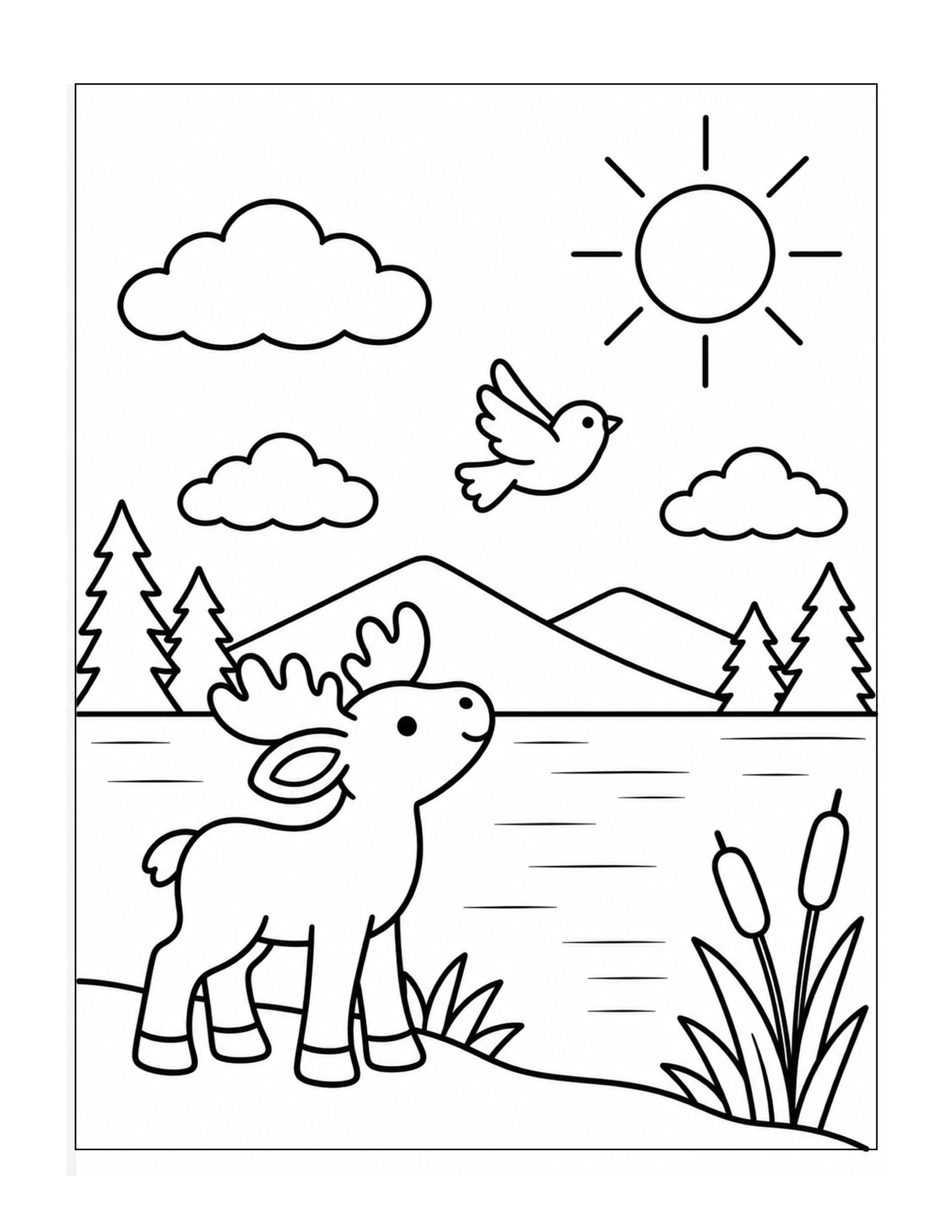 Moose calf and flying bird beside a mountain lake coloring page