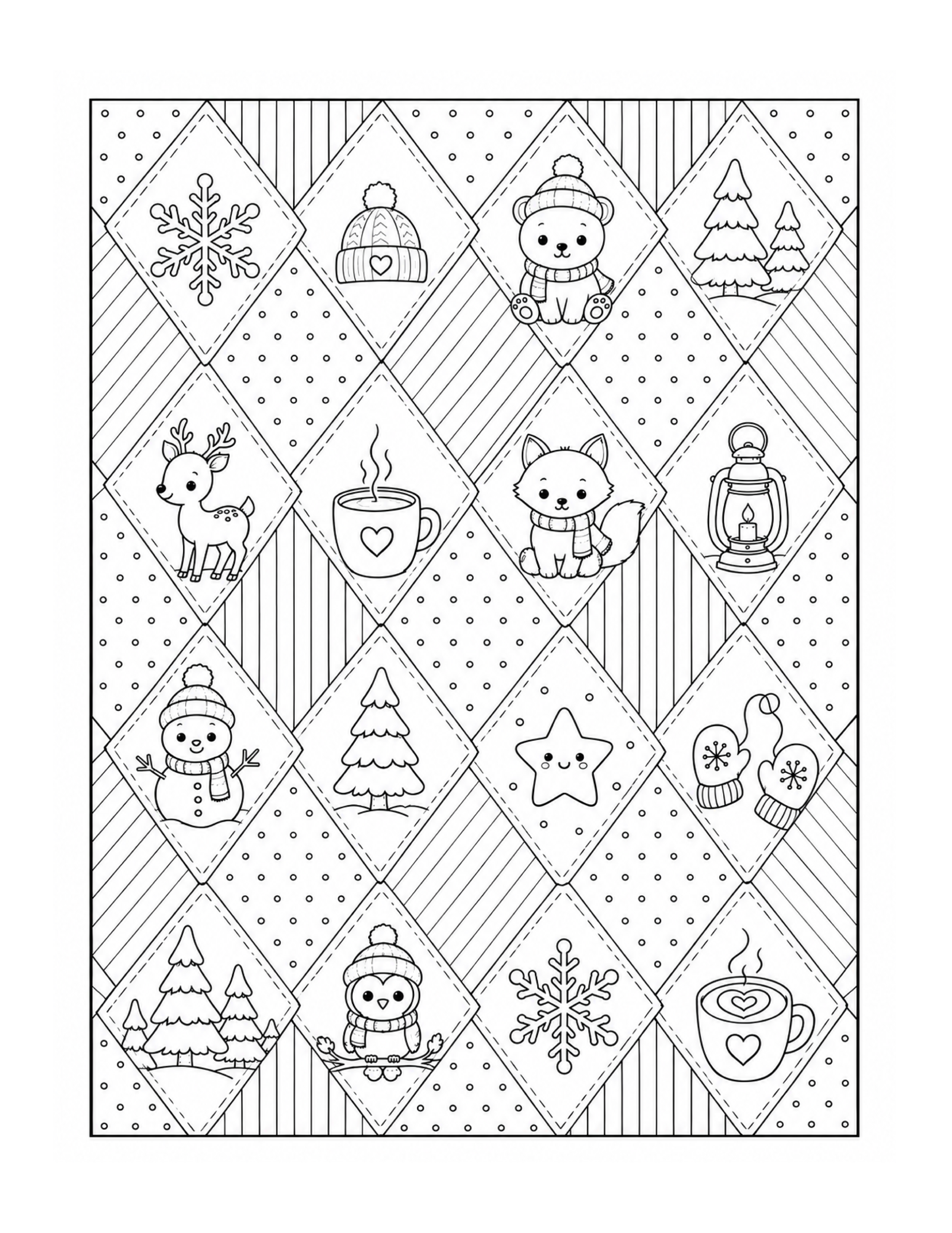 Cozy kawaii winter quilt pattern coloring page
