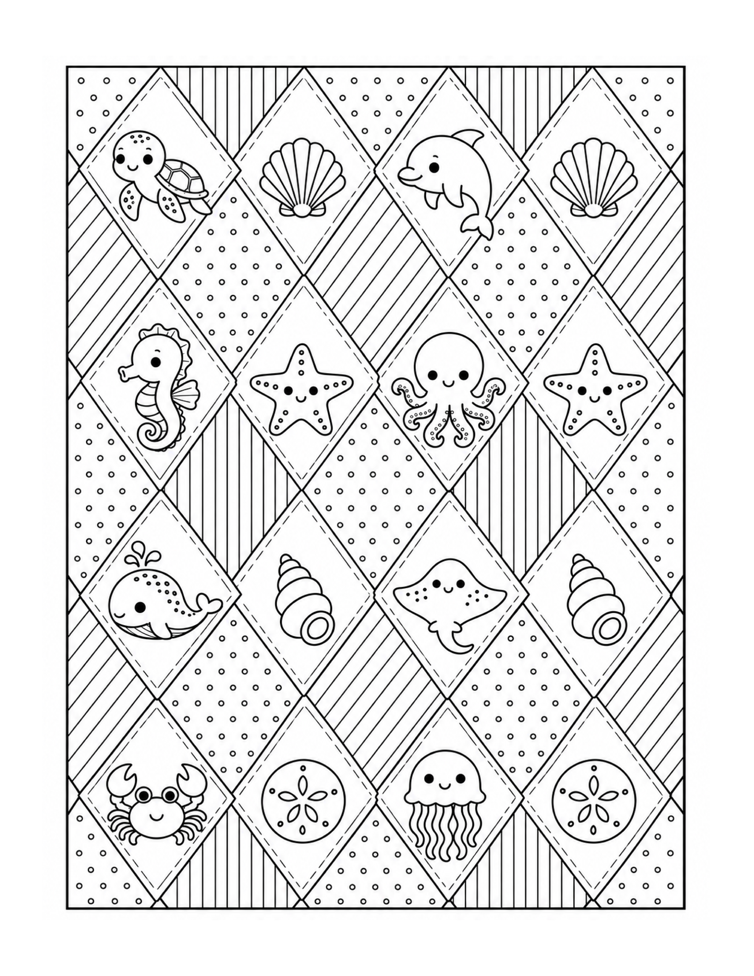 Ocean animals arranged in a repeating pattern coloring page