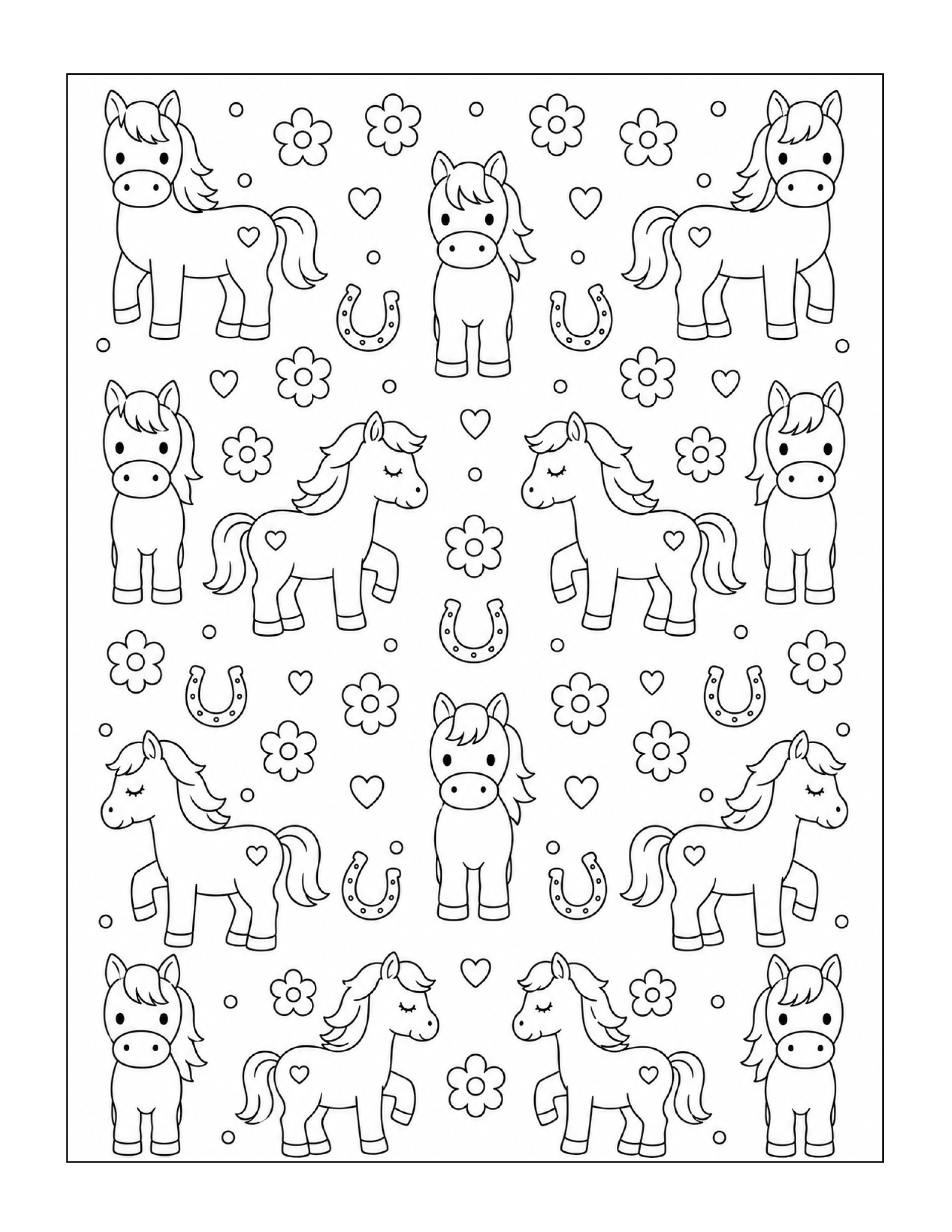 Playful ponies arranged in a repeating pattern coloring page