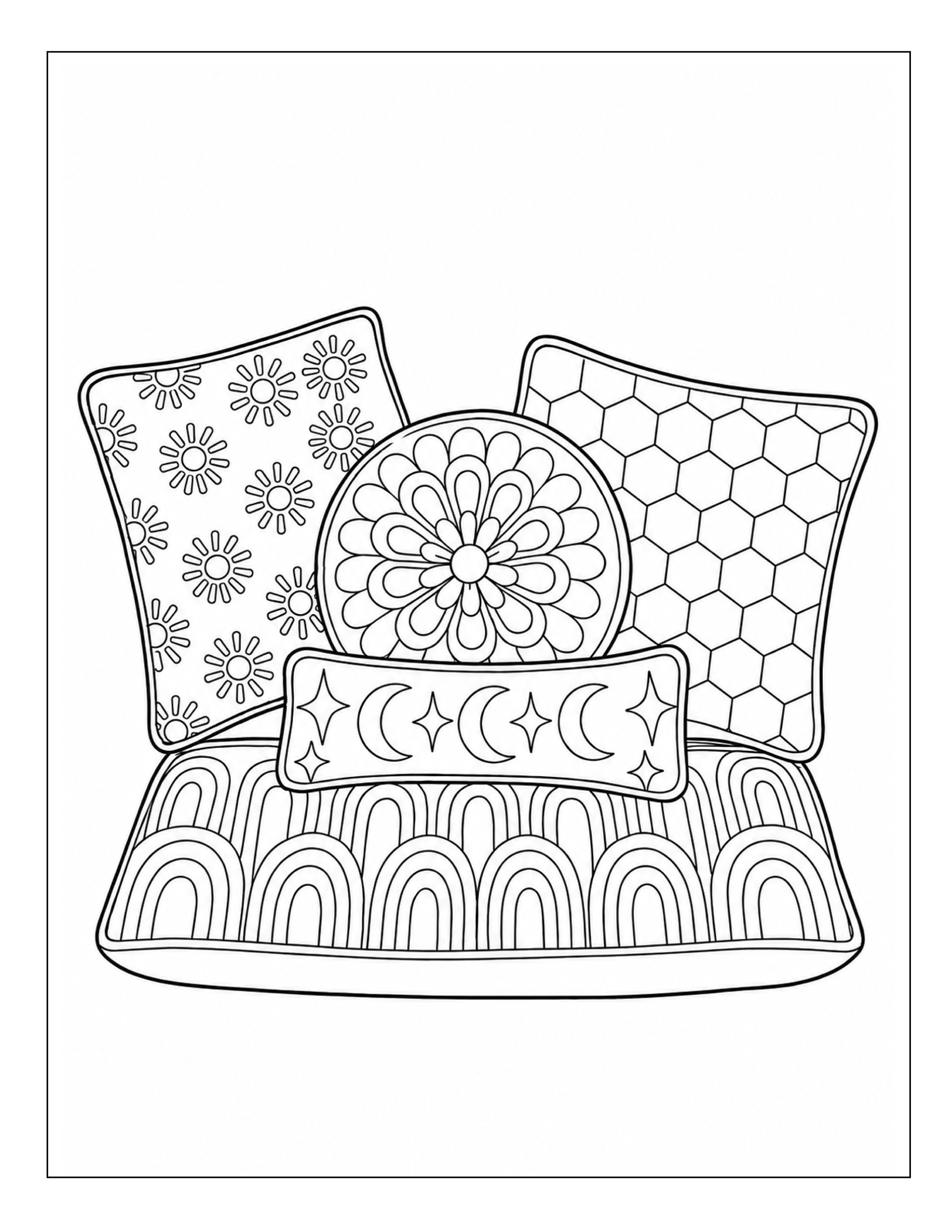Cozy stack of patterned pillows coloring page