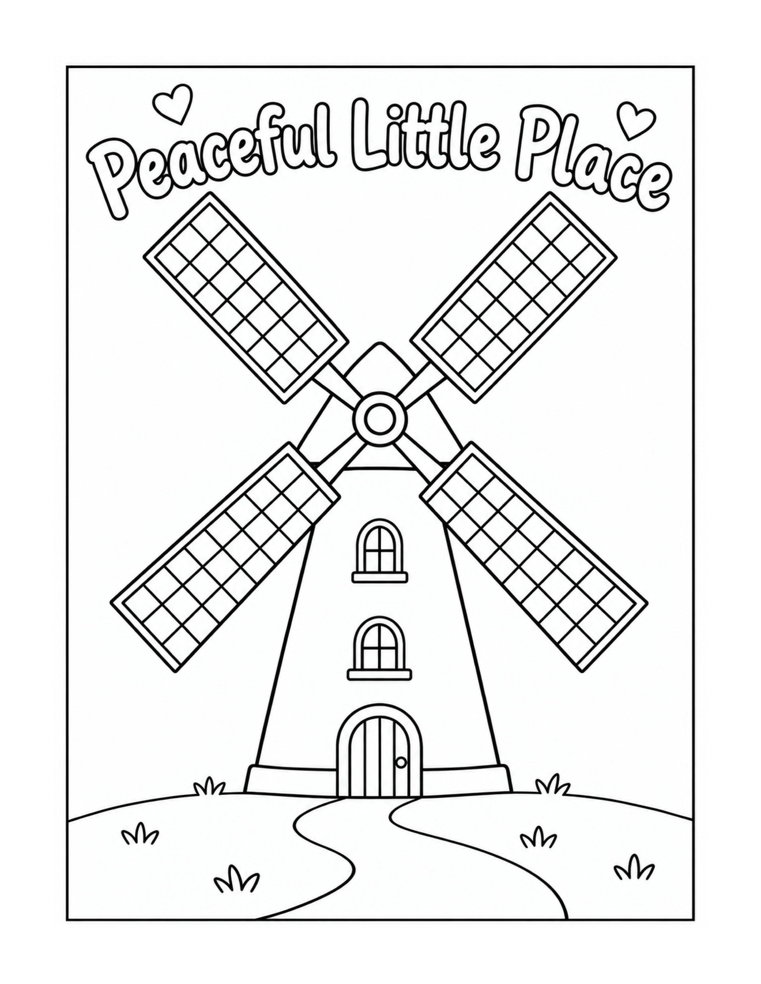 Peaceful little windmill pattern coloring page