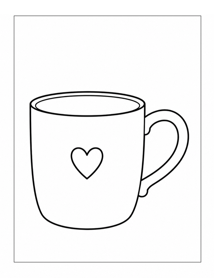 Coffee cup with a heart bold and easy coloring page