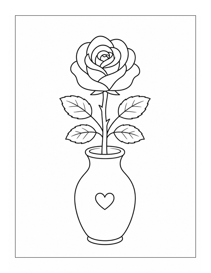 Single rose in a heart-decorated vase bold and easy coloring page