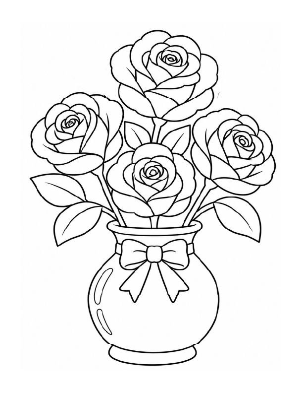 Vase filled with roses and leaves with a bow tied around the vase coloring page