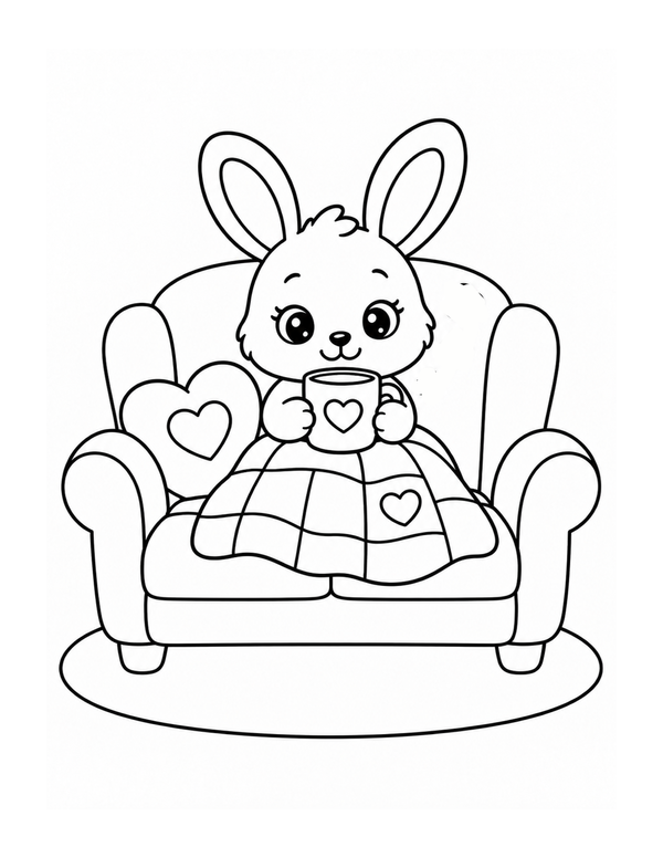 Cute bunny drinking tea in a cozy armchair coloring page