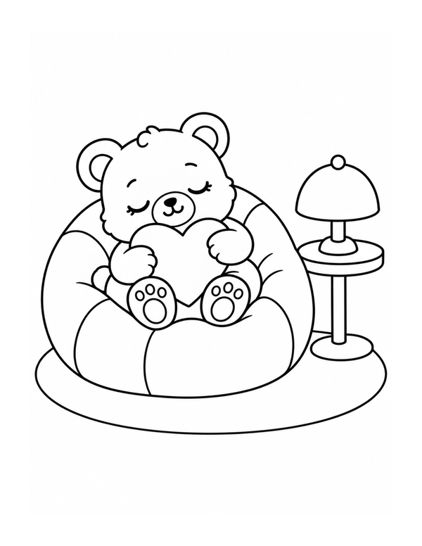 Cozy teddy bear holding a heart pillow coloring page