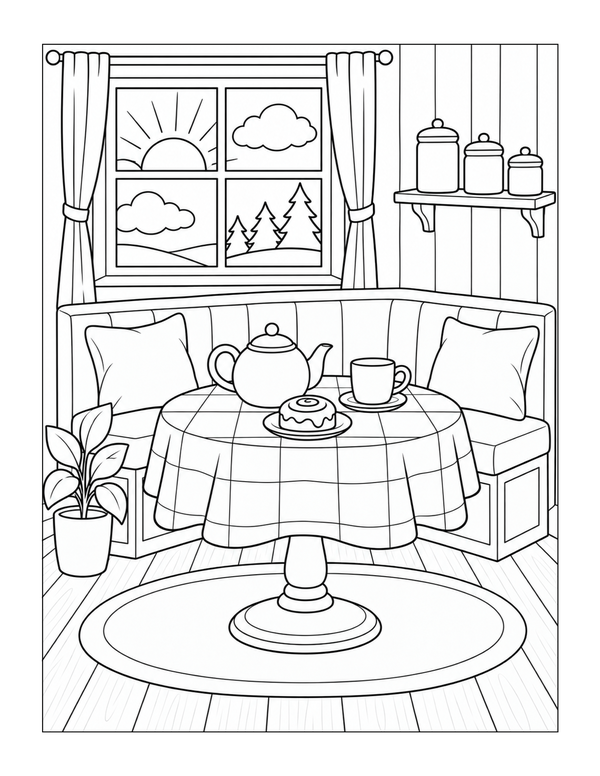 Cozy breakfast nook with tea and pastries coloring page
