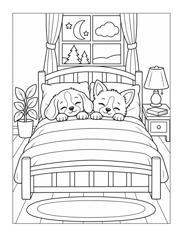 Puppy and kitten sleeping together in a cozy bed coloring page