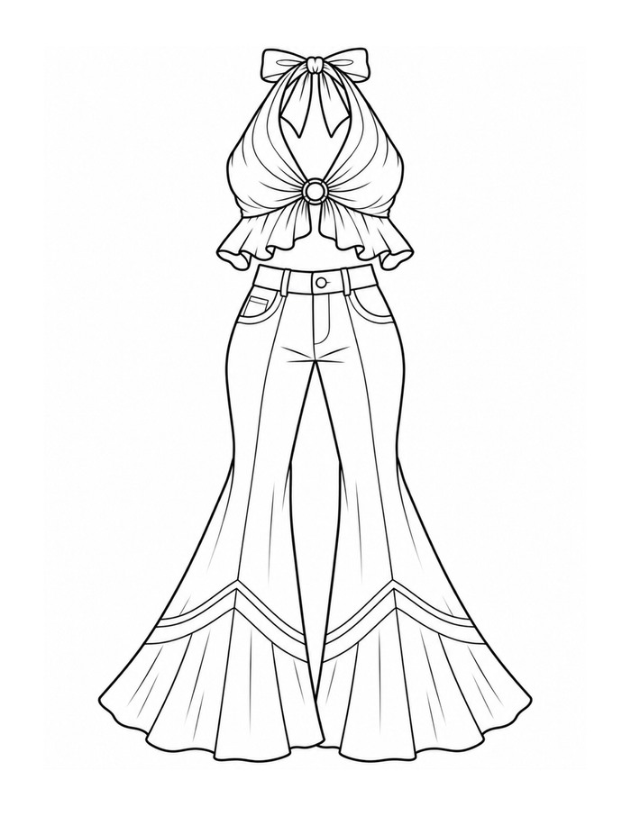1970s halter top with bow and dramatic flared bell-bottom pants coloring page