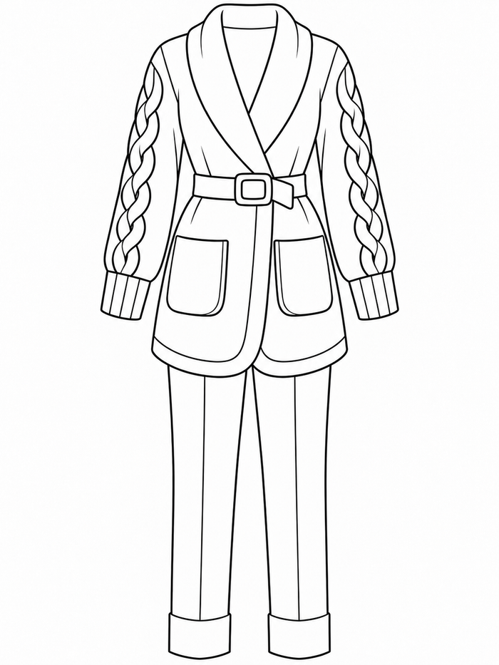 Belted shawl-collar cardigan with cable-knit sleeves, a rectangular buckle and patch pockets over cuffed pants