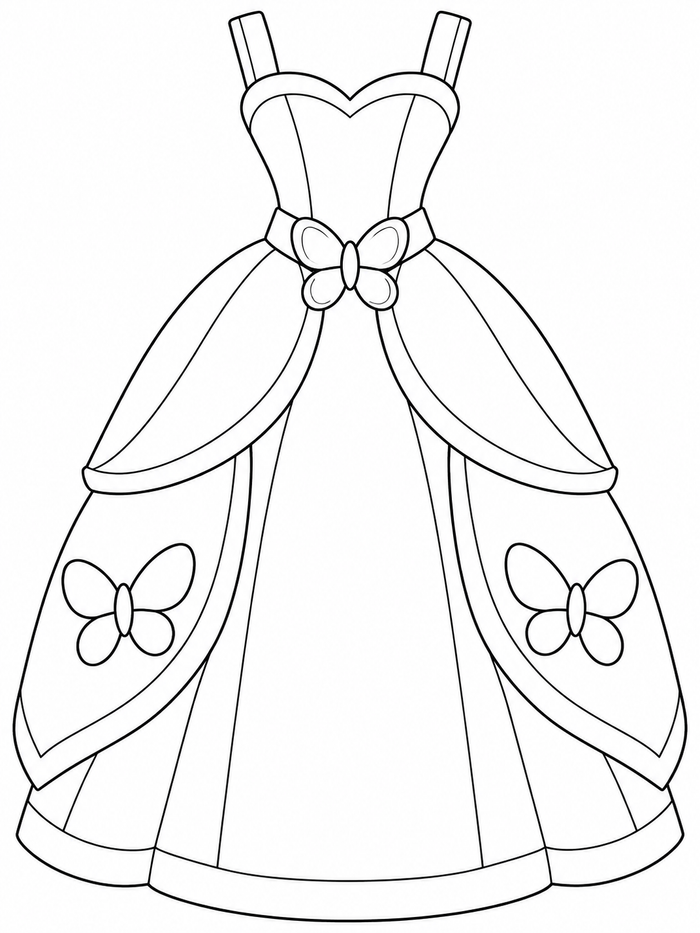 Princess dress with broad shoulder straps, a butterfly waist clasp, and two butterflies on the skirt